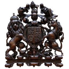 Hand Carved Charles II English Royal Coat of Arms 1660-1685 Armorial Crest