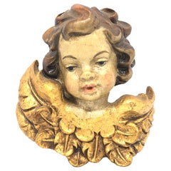 Hand Carved Cherub Angel Head Gilded Wings, 1950s German Oberammergau