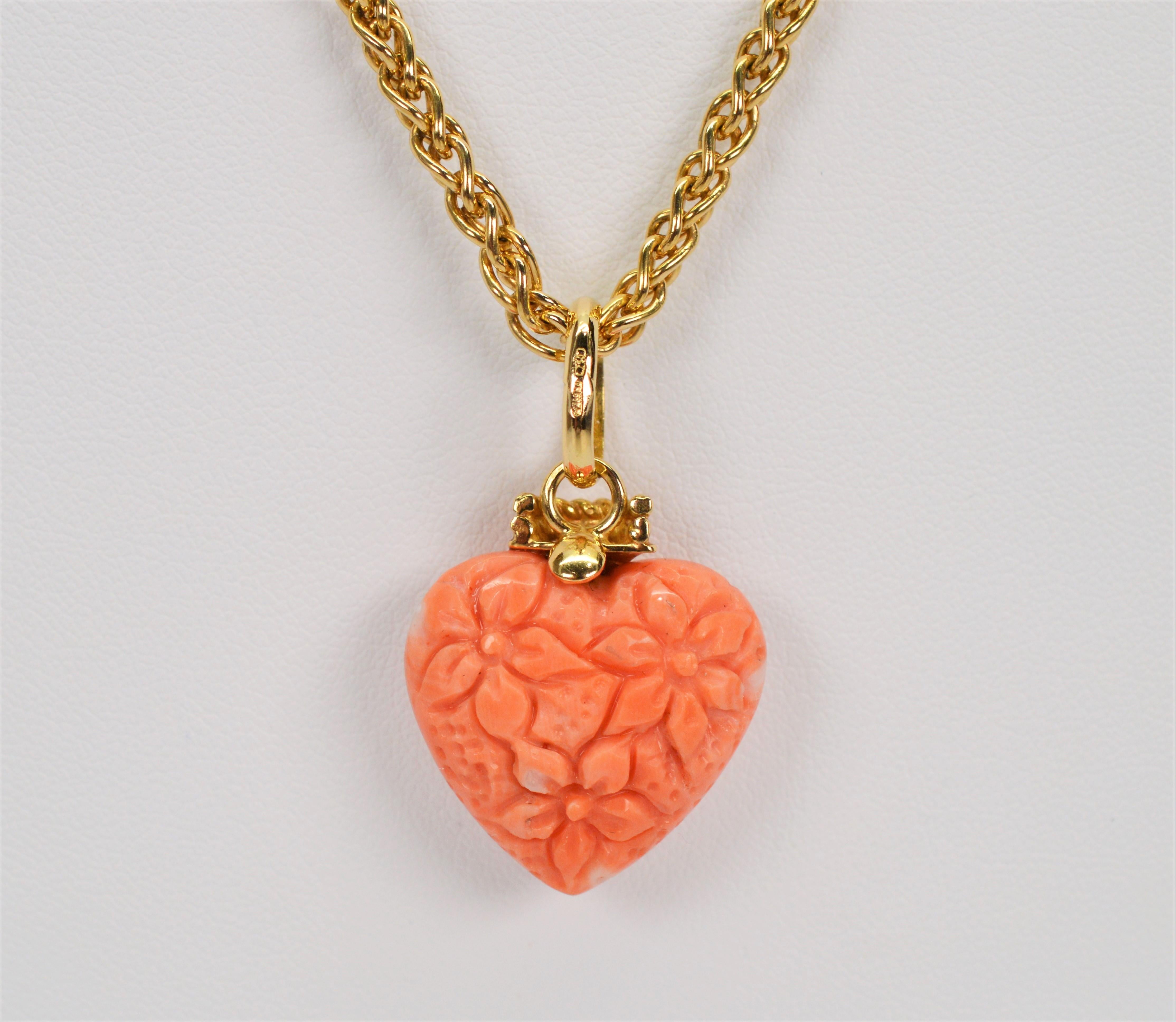Heart Cut Hand Carved Cherub Coral Heart Pendant 18 Karat Italian Gold Chain Necklace For Sale