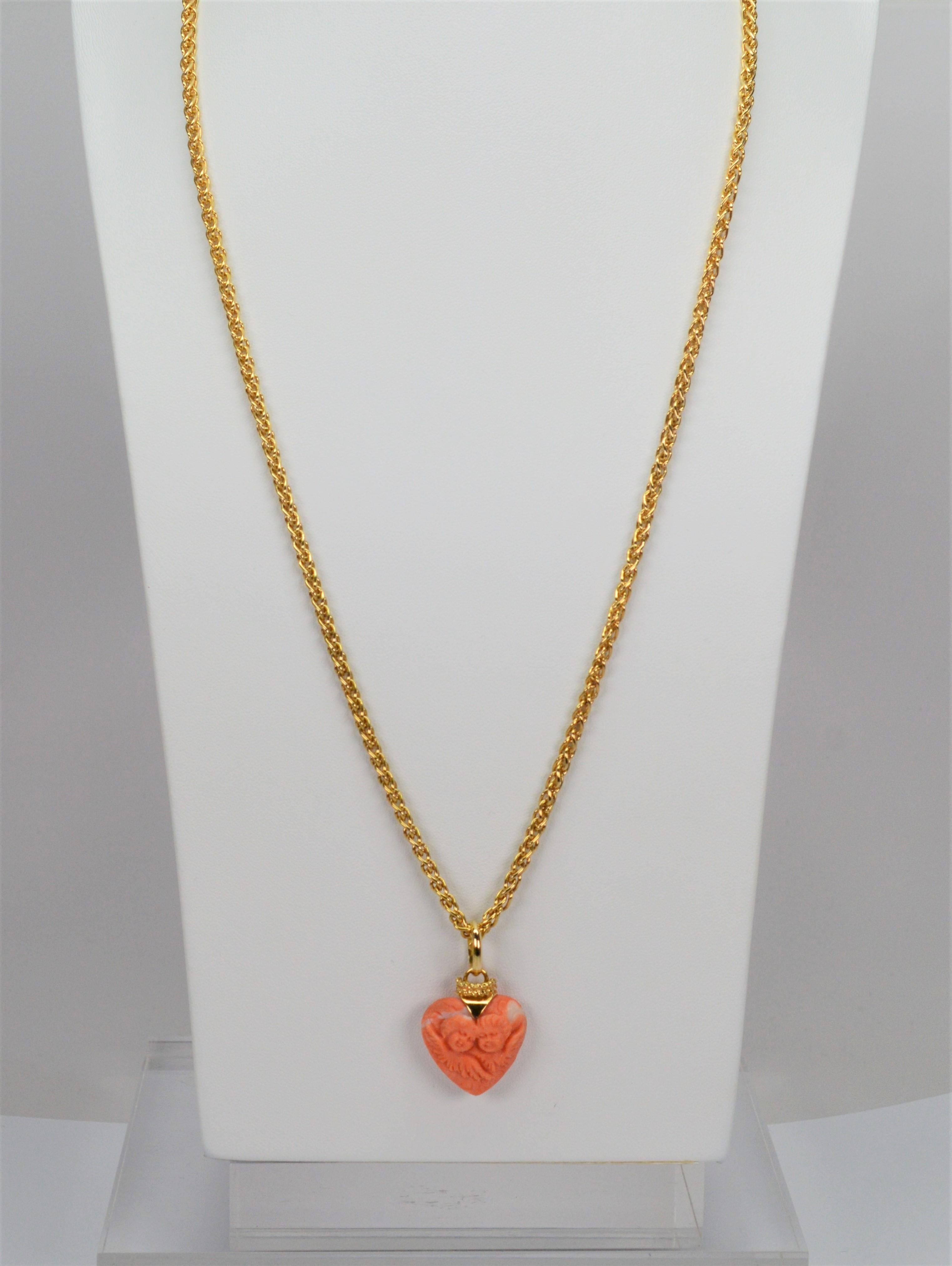 Hand Carved Cherub Coral Heart Pendant 18 Karat Italian Gold Chain Necklace In Excellent Condition For Sale In Mount Kisco, NY
