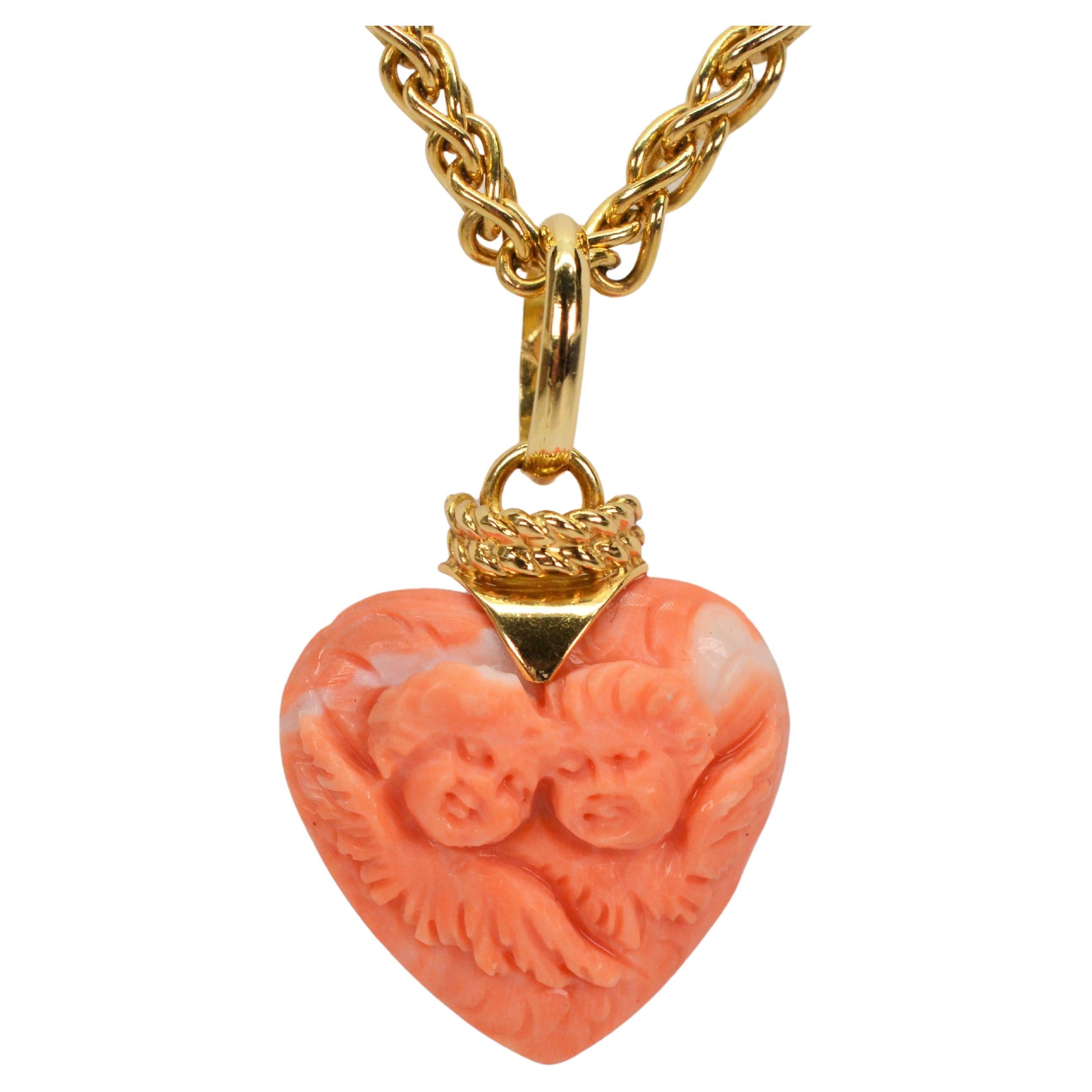 Hand Carved Cherub Coral Heart Pendant 18 Karat Italian Gold Chain Necklace For Sale