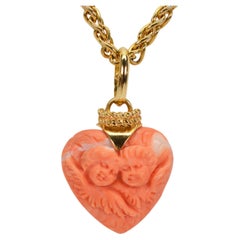 Hand Carved Cherub Coral Heart Pendant 18 Karat Italian Gold Chain Necklace