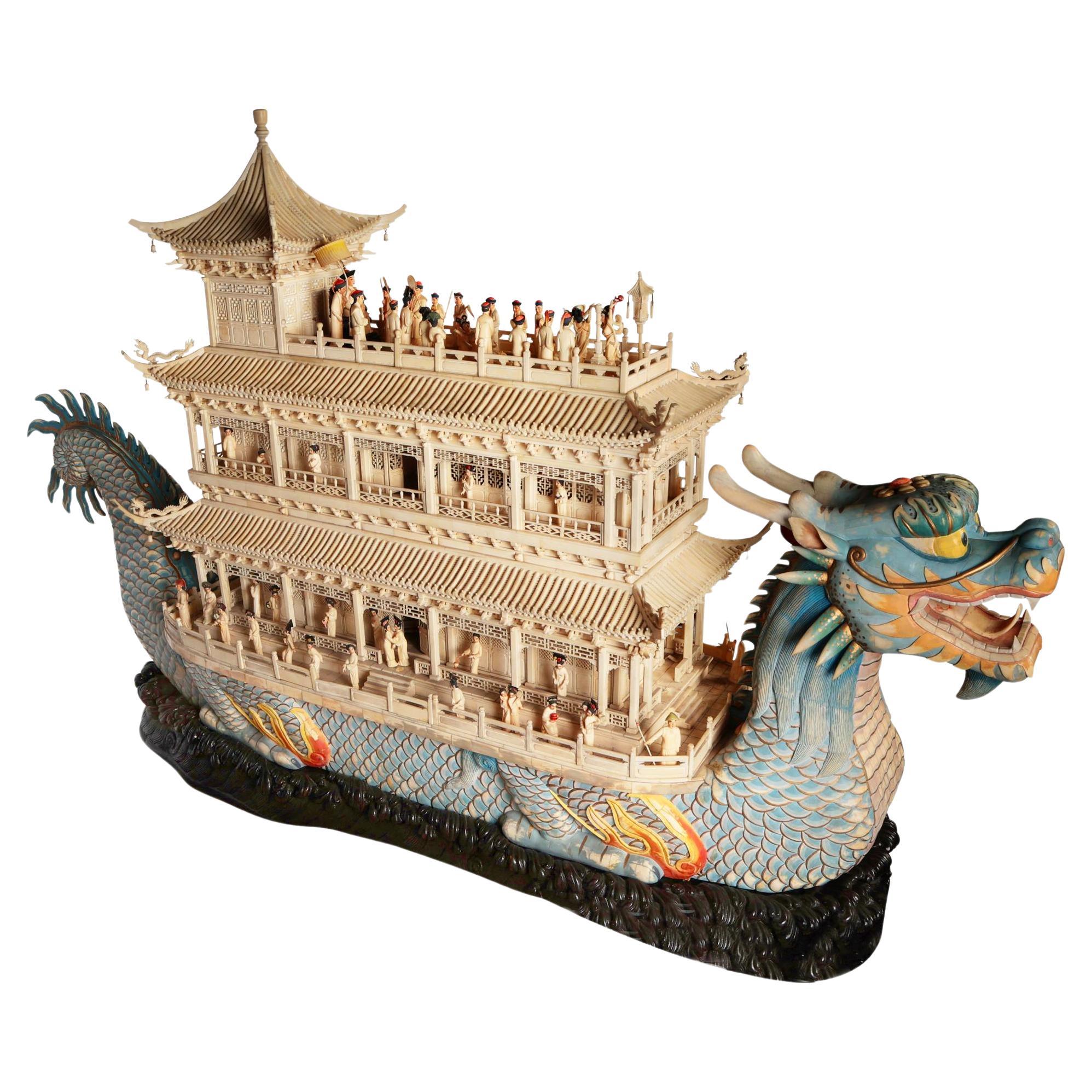 Hand Carved Chinese Dragon Boat Imperial Ship Bone Carving Antique For Sale