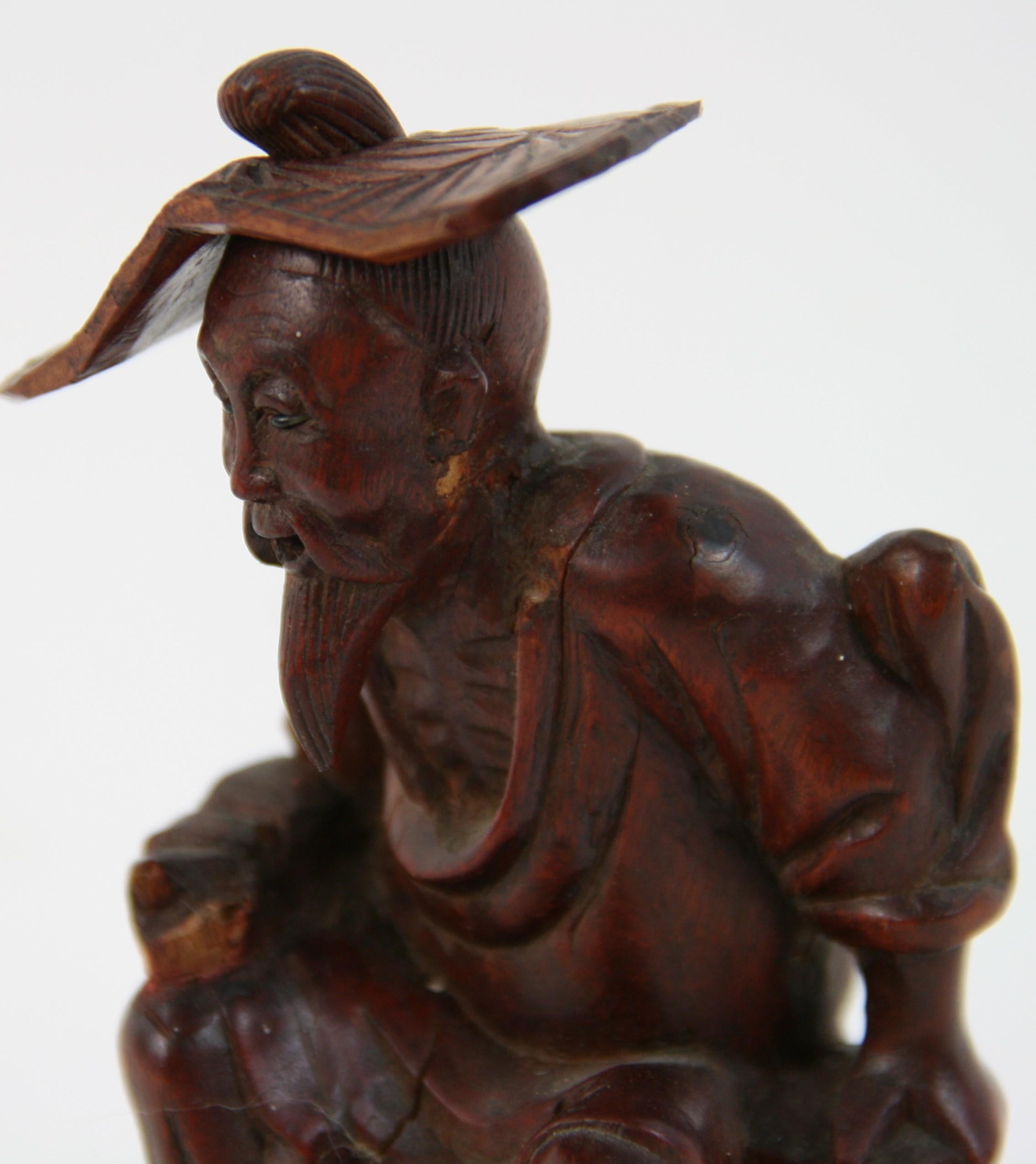 Chinese Sculpture Hand Carved Farmer In Good Condition For Sale In Douglas Manor, NY