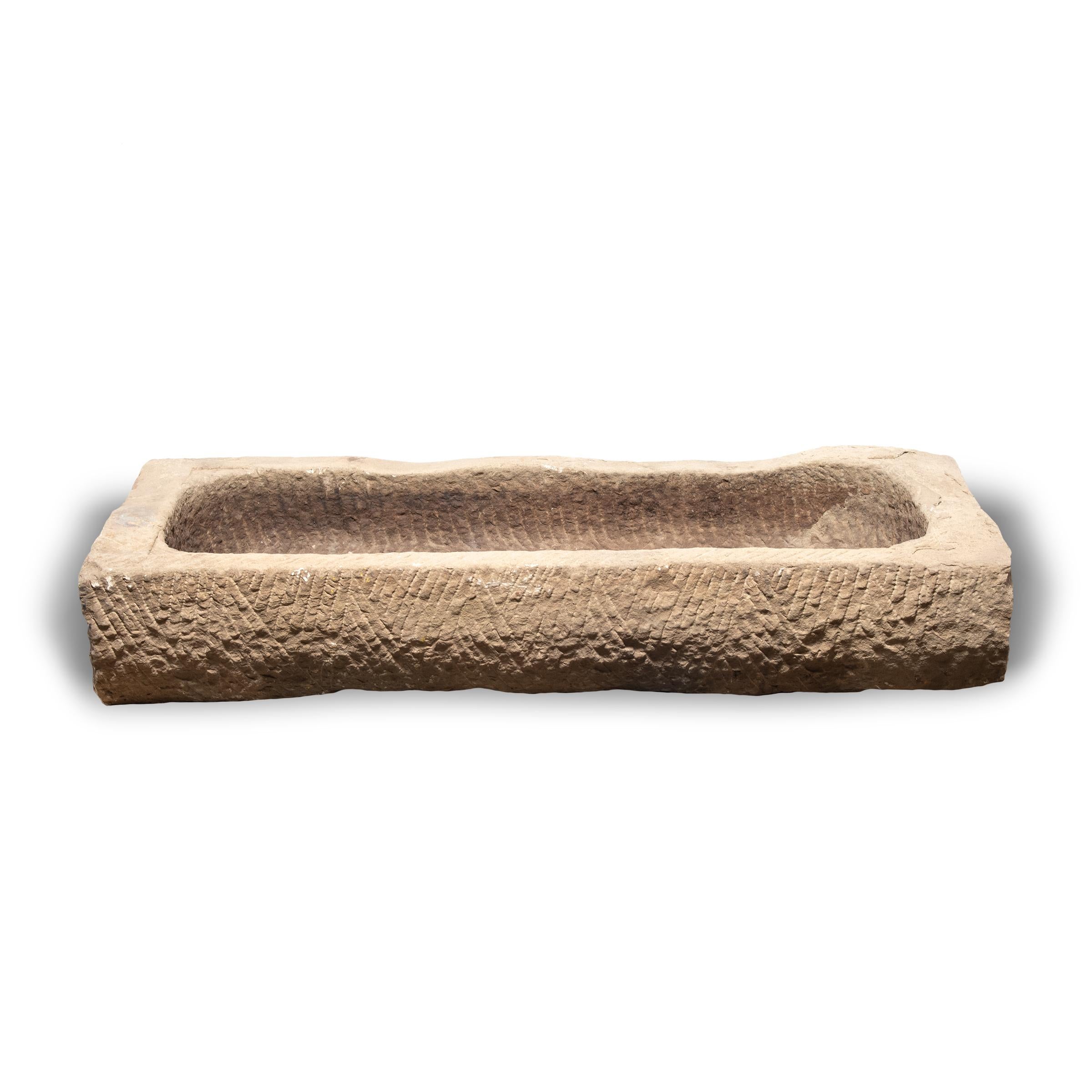 Qing Hand-Carved Chinese Limestone Trough with Cartouche Etchings