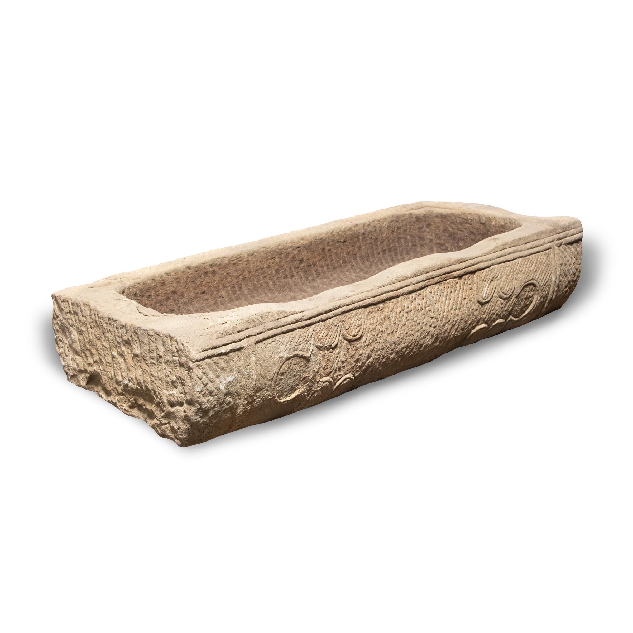 Hand-Carved Chinese Limestone Trough with Cartouche Etchings In Good Condition In Chicago, IL