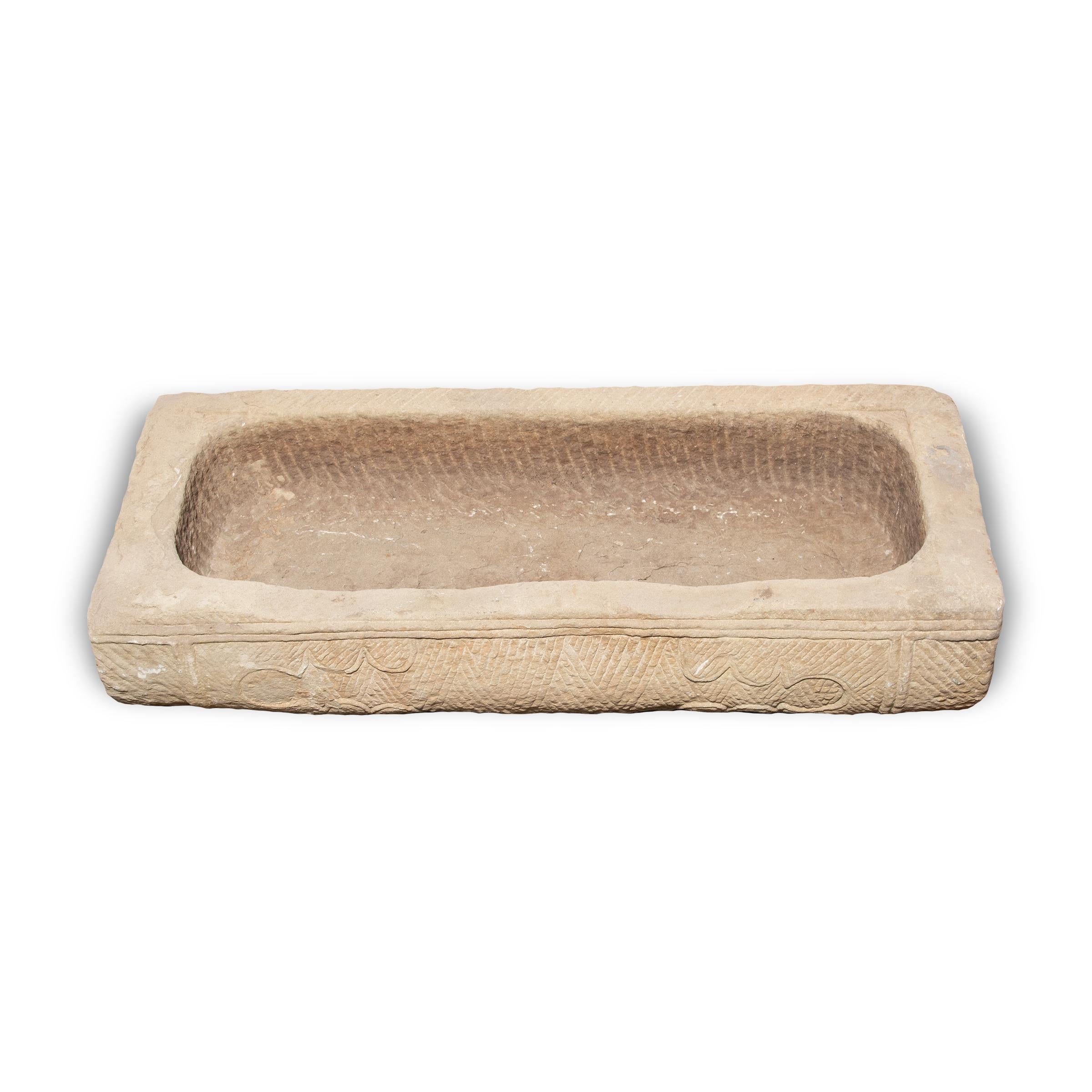 19th Century Hand-Carved Chinese Limestone Trough with Cartouche Etchings