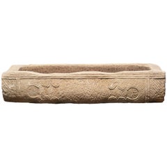 Antique Hand-Carved Chinese Limestone Trough with Cartouche Etchings