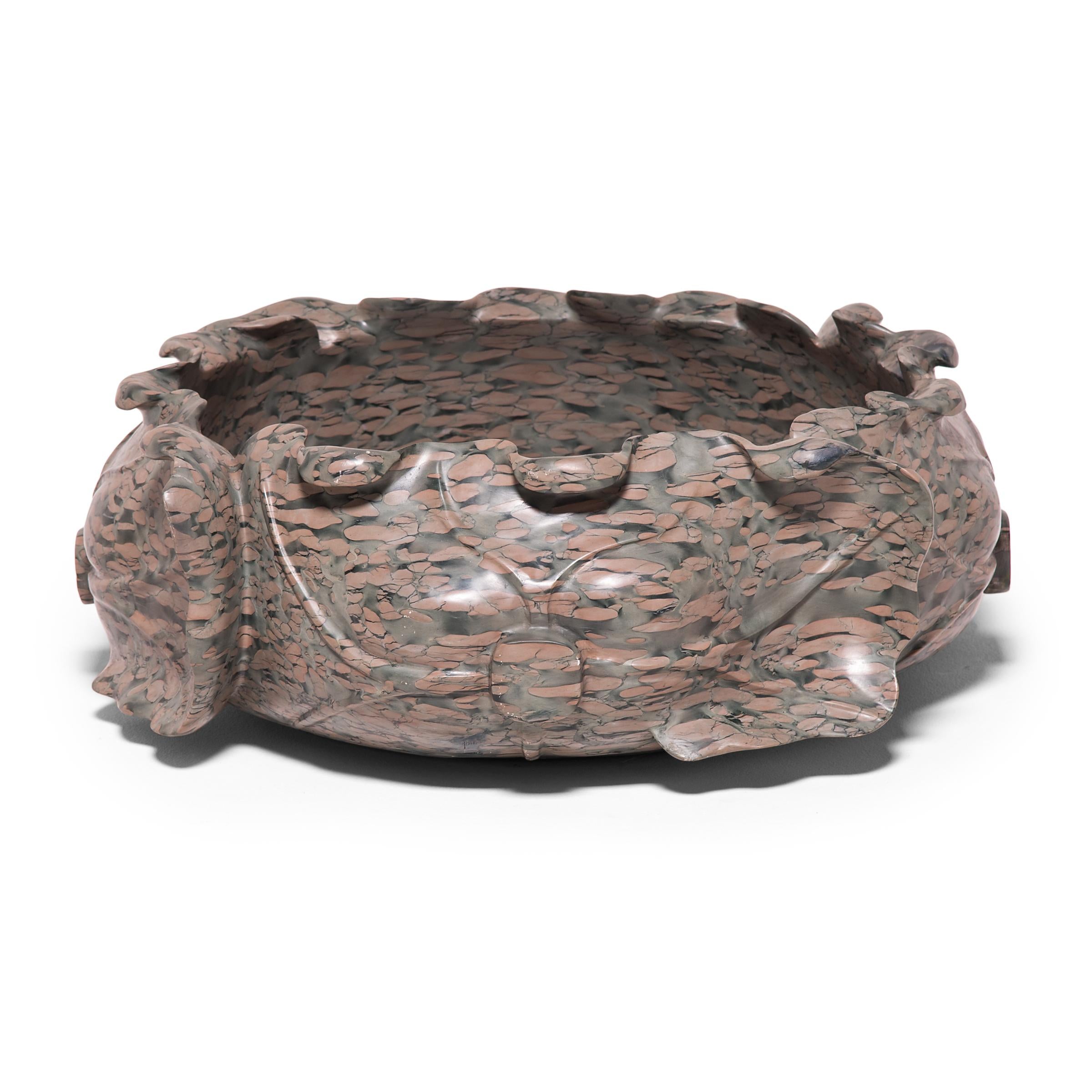 Contemporary Hand Carved Chinese Lotus Form Stone Basin