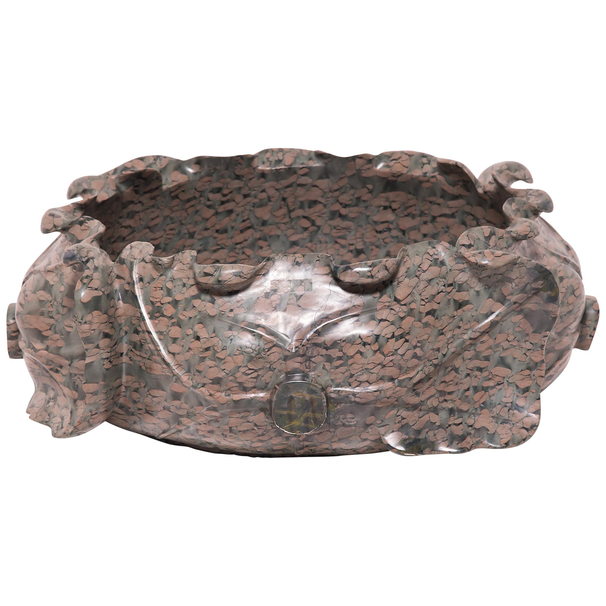 Hand Carved Chinese Lotus Form Stone Basin