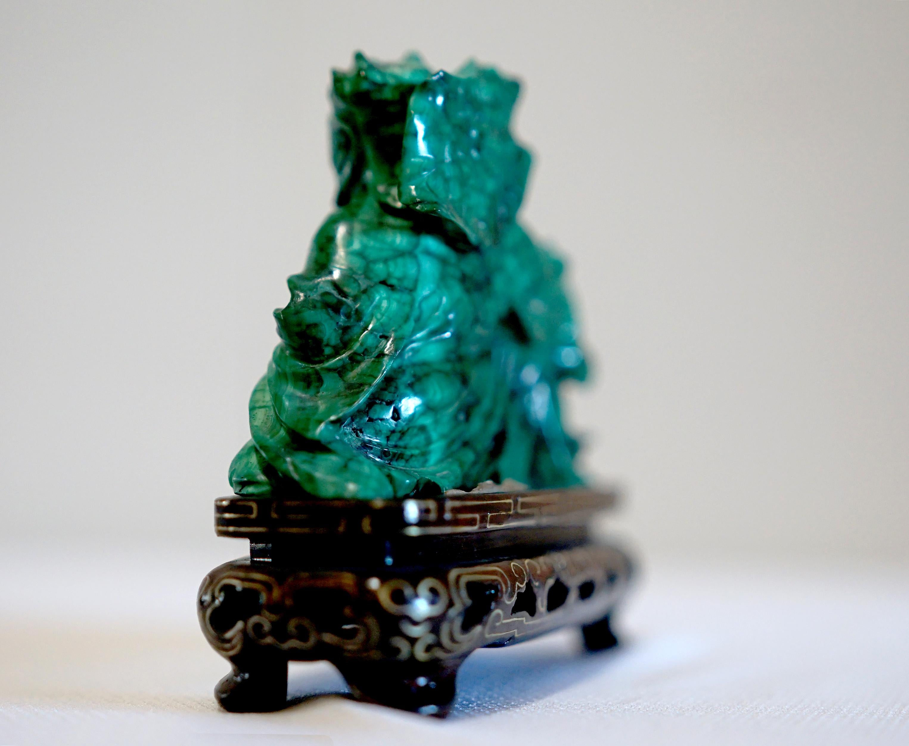 Hand-Carved Chinese Malachite Elder on Cloisonné-Inspired Wood Base For Sale 4