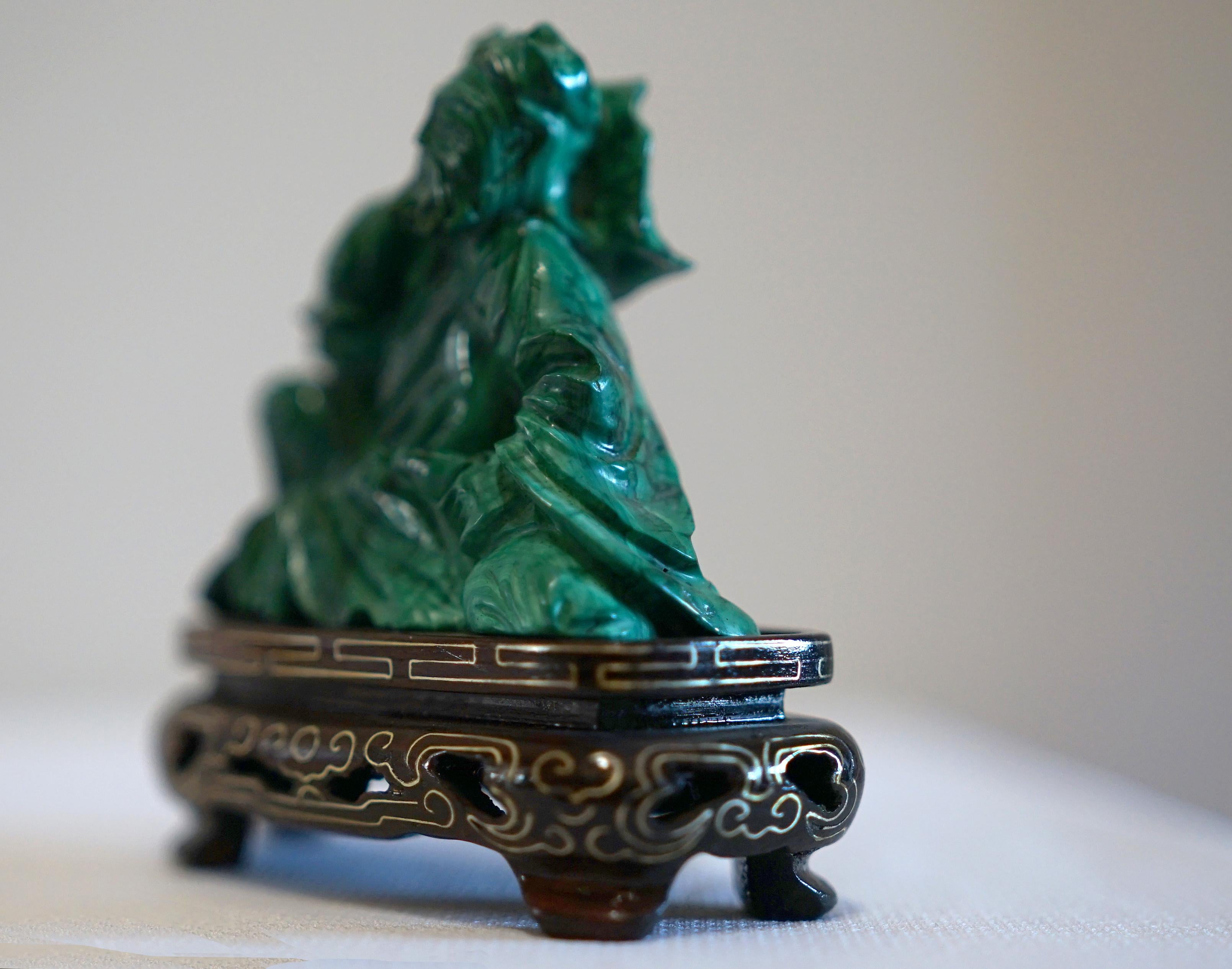 Hand-Carved Chinese Malachite Elder on Cloisonné-Inspired Wood Base For Sale 6