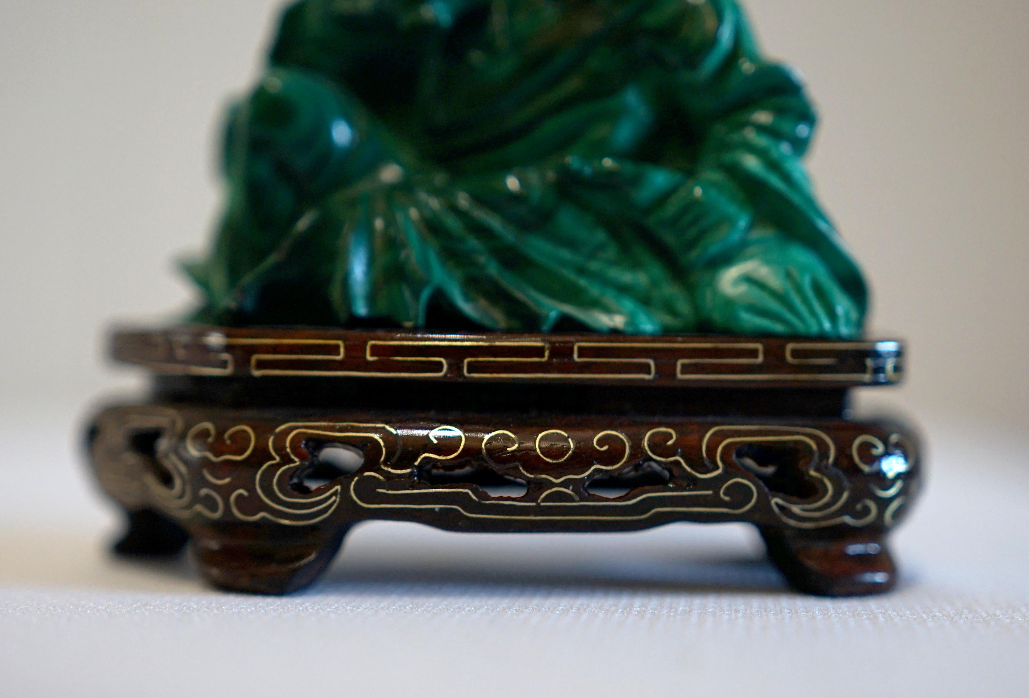 20th Century Hand-Carved Chinese Malachite Elder on Cloisonné-Inspired Wood Base For Sale