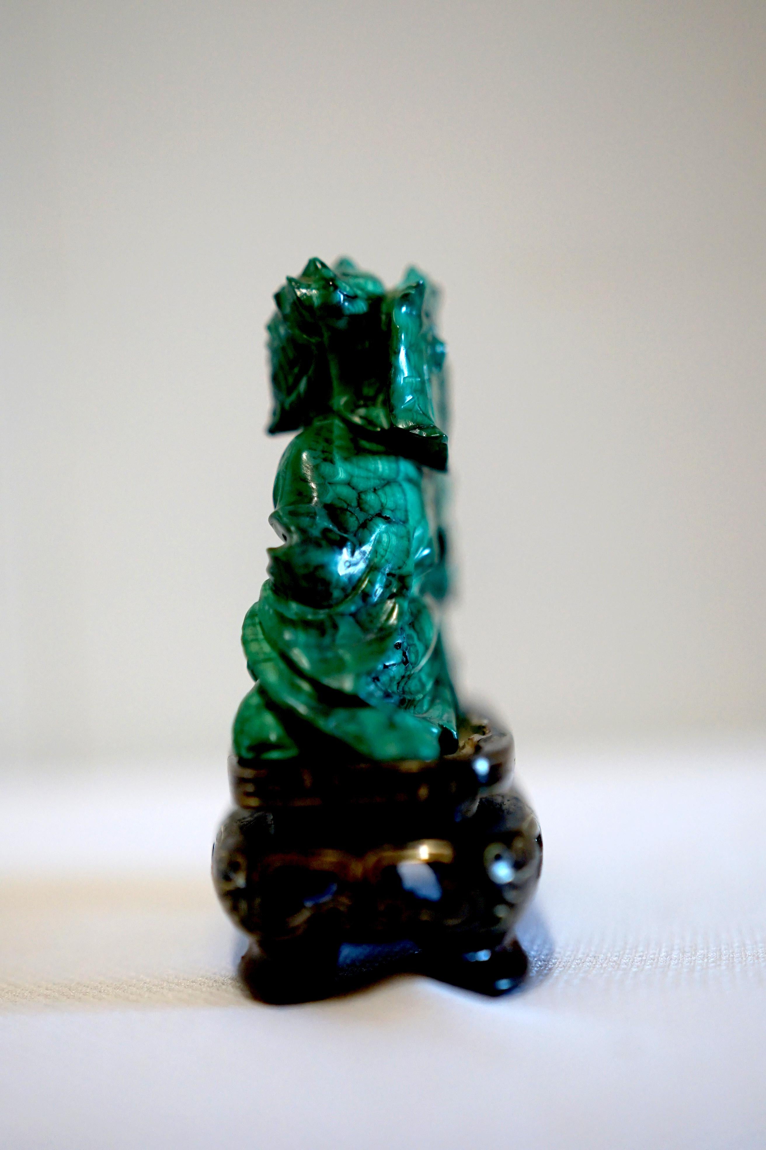 Hand-Carved Chinese Malachite Elder on Cloisonné-Inspired Wood Base For Sale 1