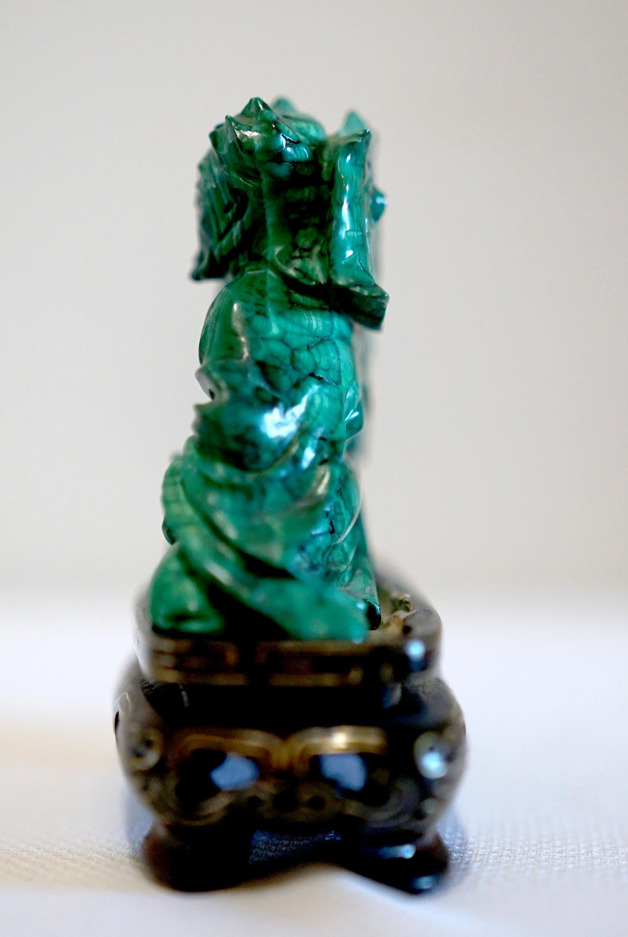 Hand-Carved Chinese Malachite Elder on Cloisonné-Inspired Wood Base For Sale 2