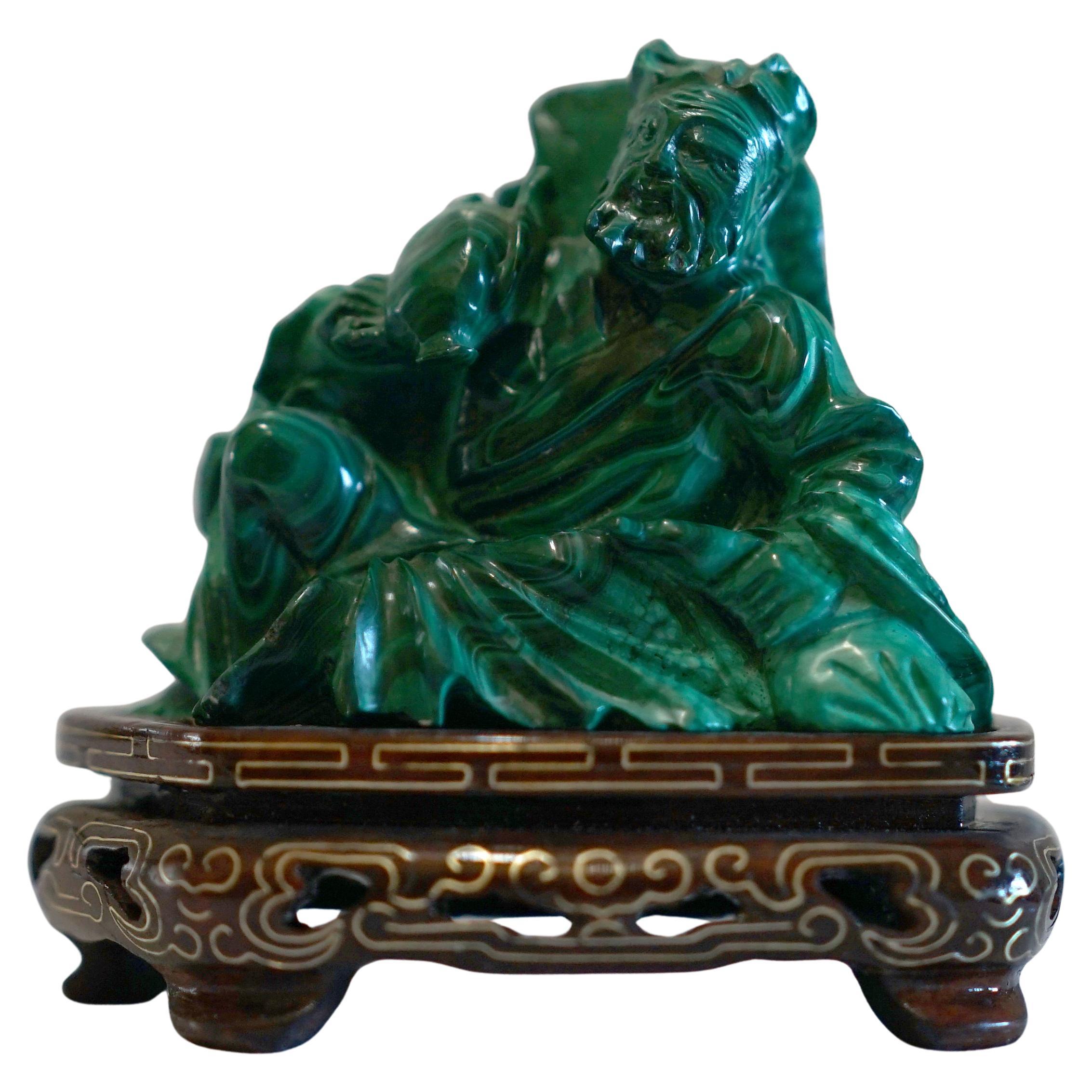 Hand-Carved Chinese Malachite Elder on Cloisonné-Inspired Wood Base For Sale
