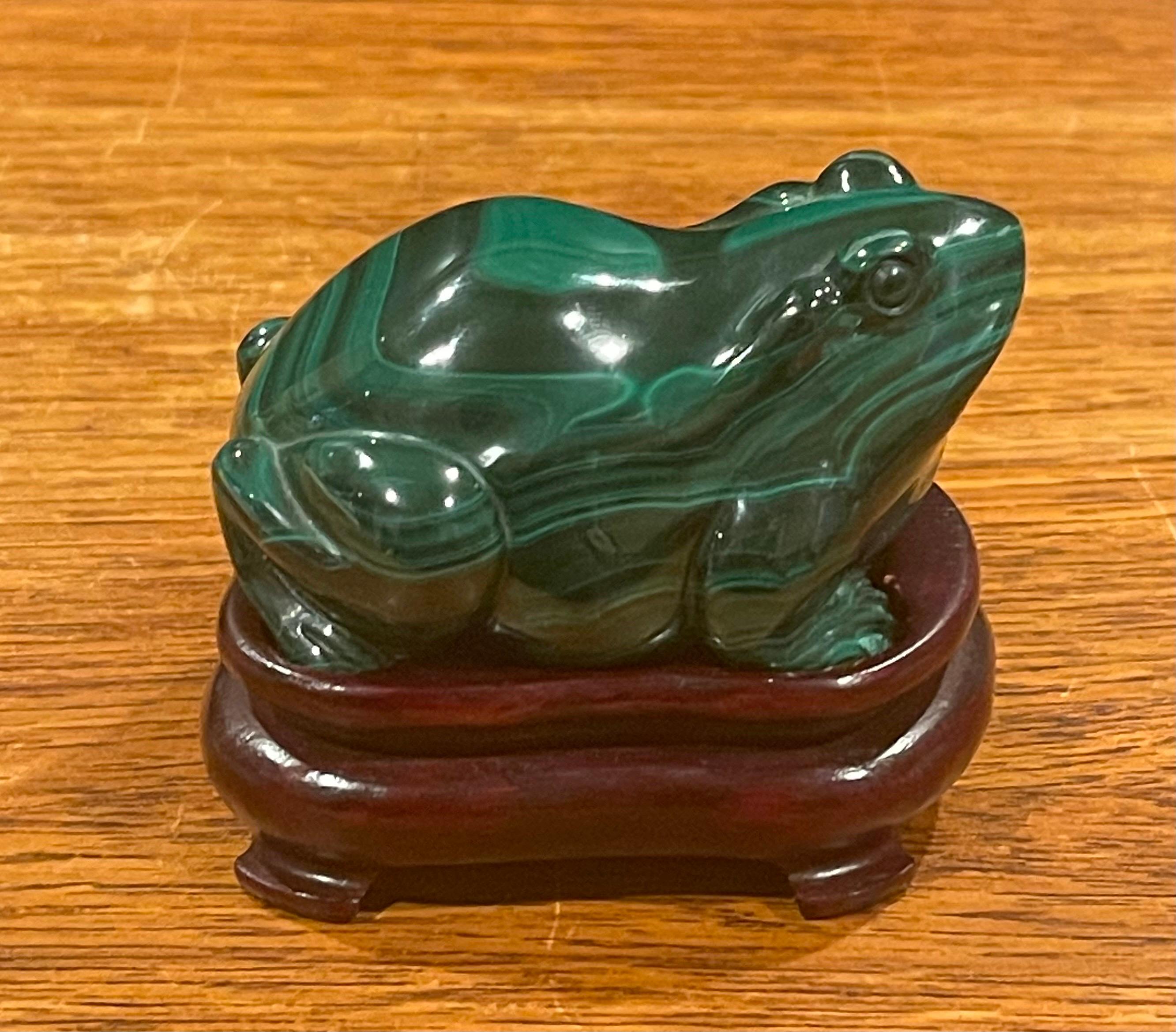Hand-Carved Hand Carved Chinese Malachite Frog / Toad Sculpture on Base