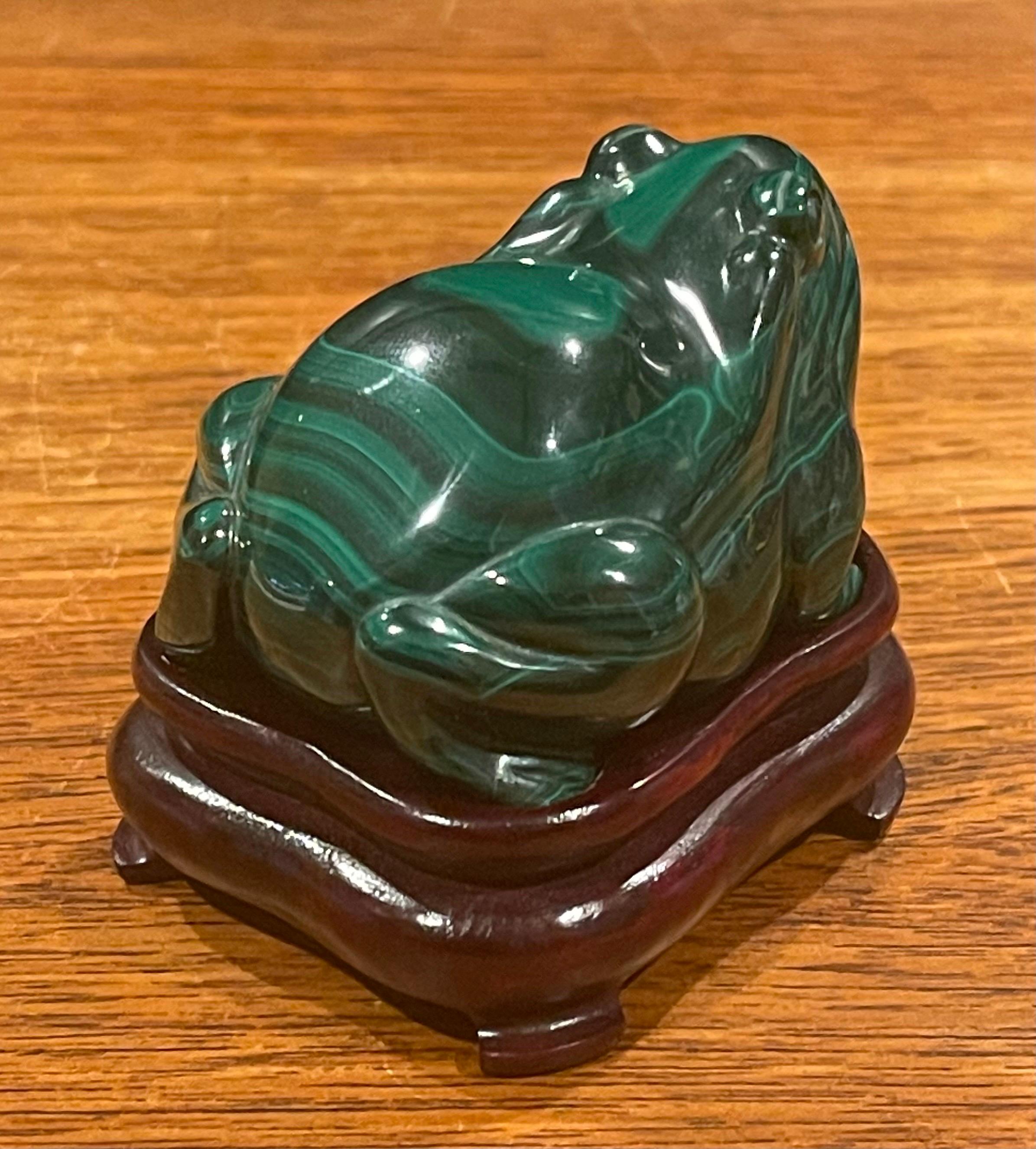 20th Century Hand Carved Chinese Malachite Frog / Toad Sculpture on Base