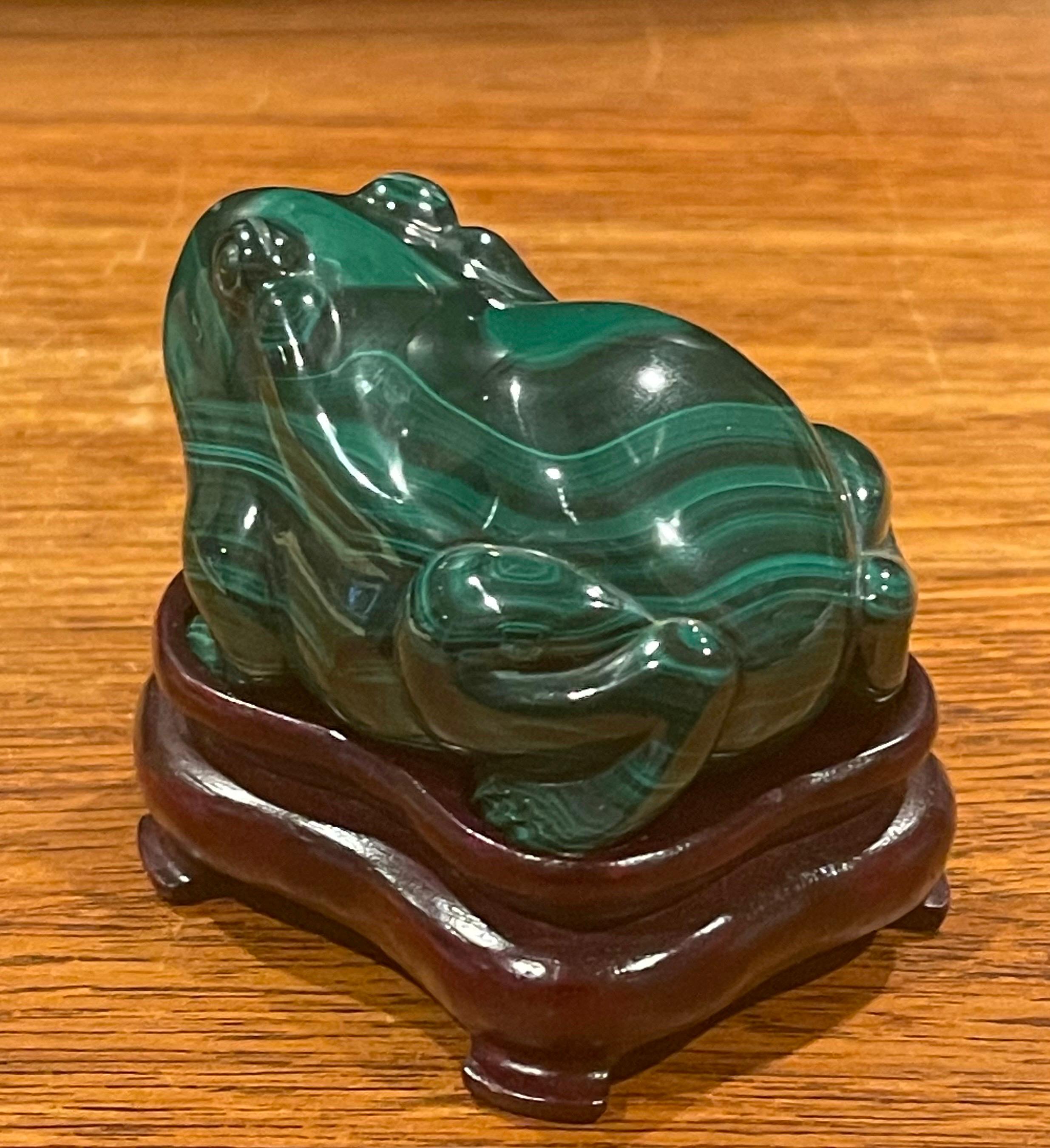 Hand Carved Chinese Malachite Frog / Toad Sculpture on Base 1