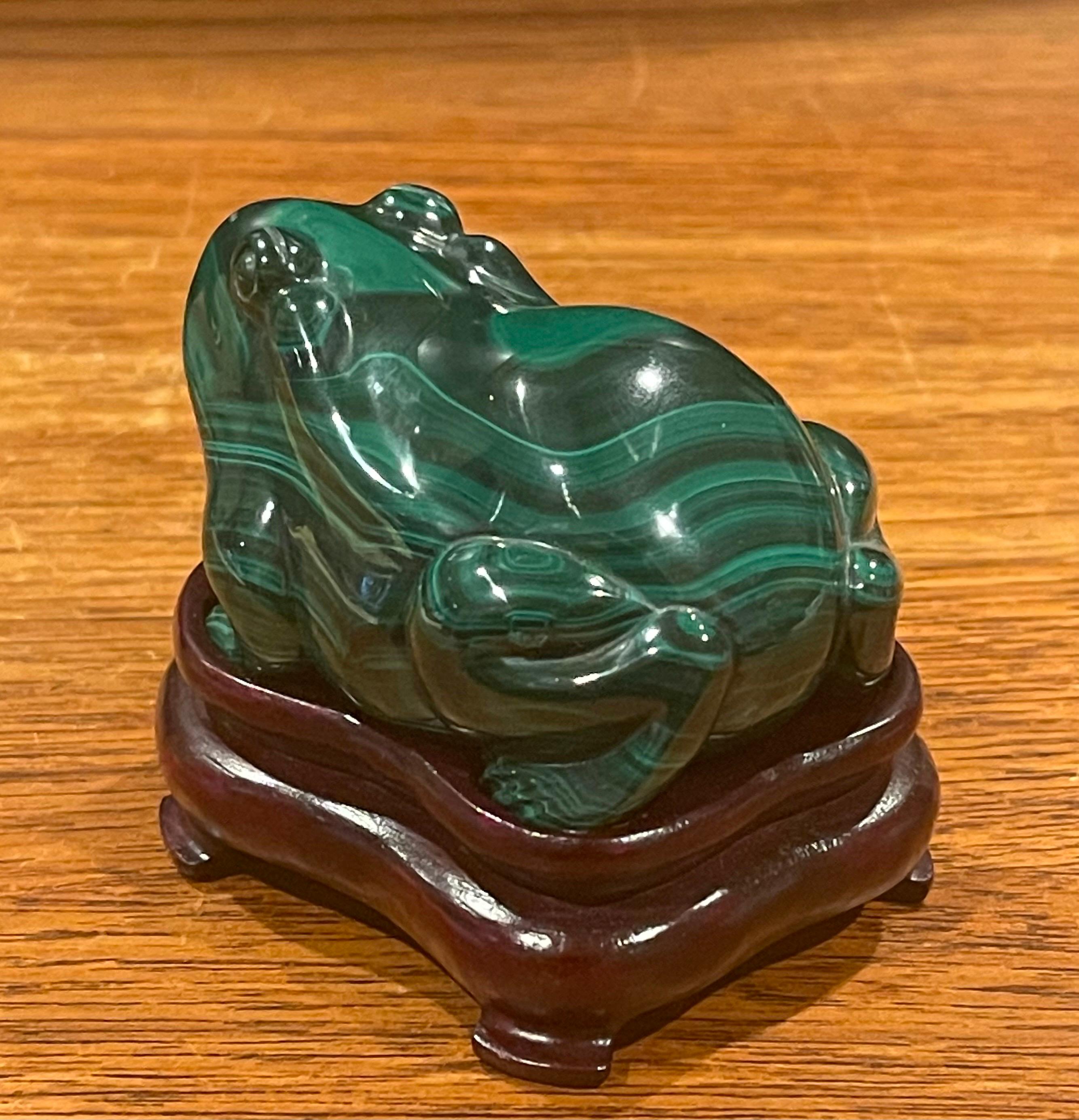 Hand Carved Chinese Malachite Frog / Toad Sculpture on Base 2