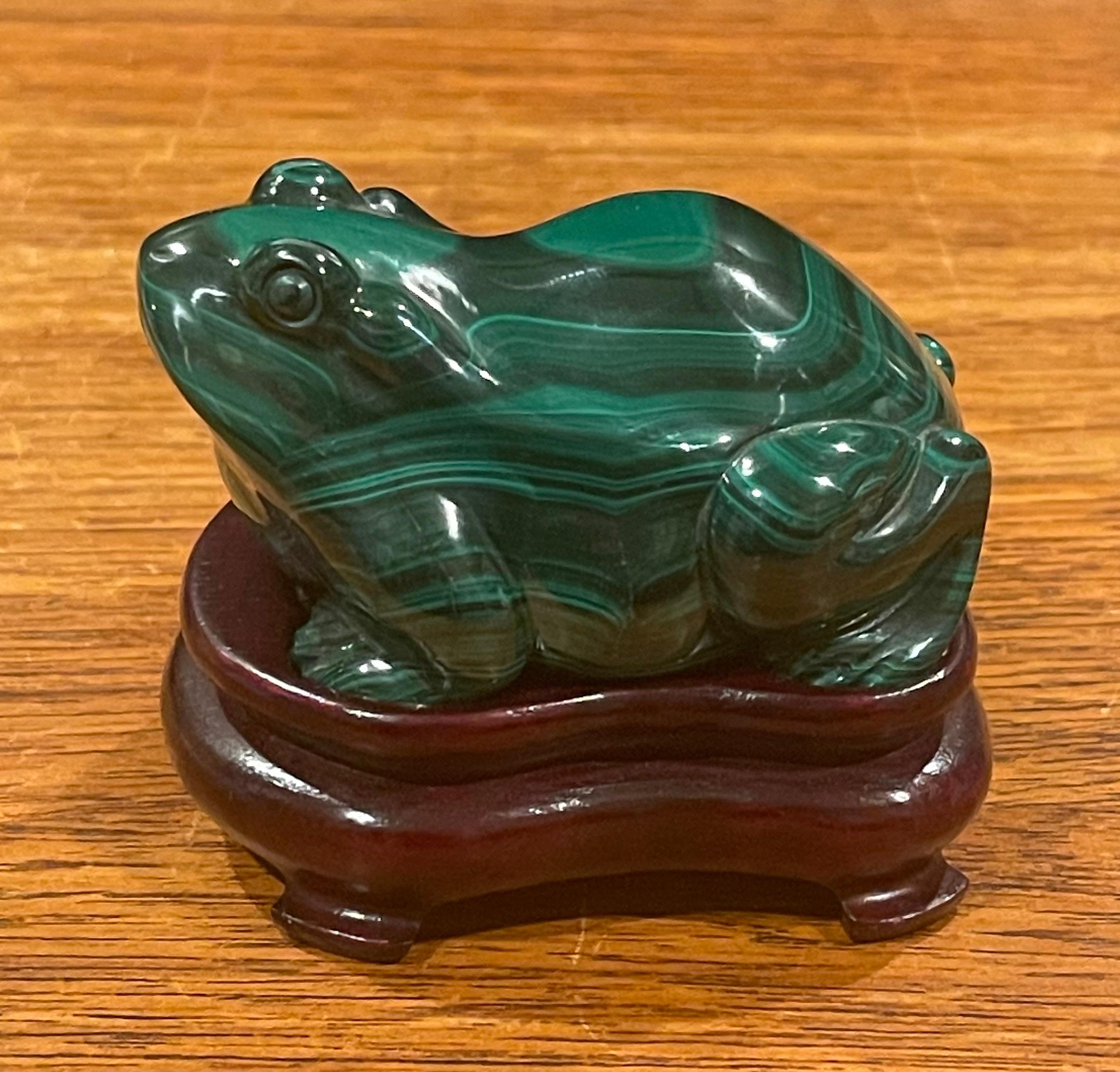 Hand Carved Chinese Malachite Frog / Toad Sculpture on Base 3