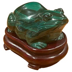 Hand Carved Chinese Malachite Frog / Toad Sculpture on Base
