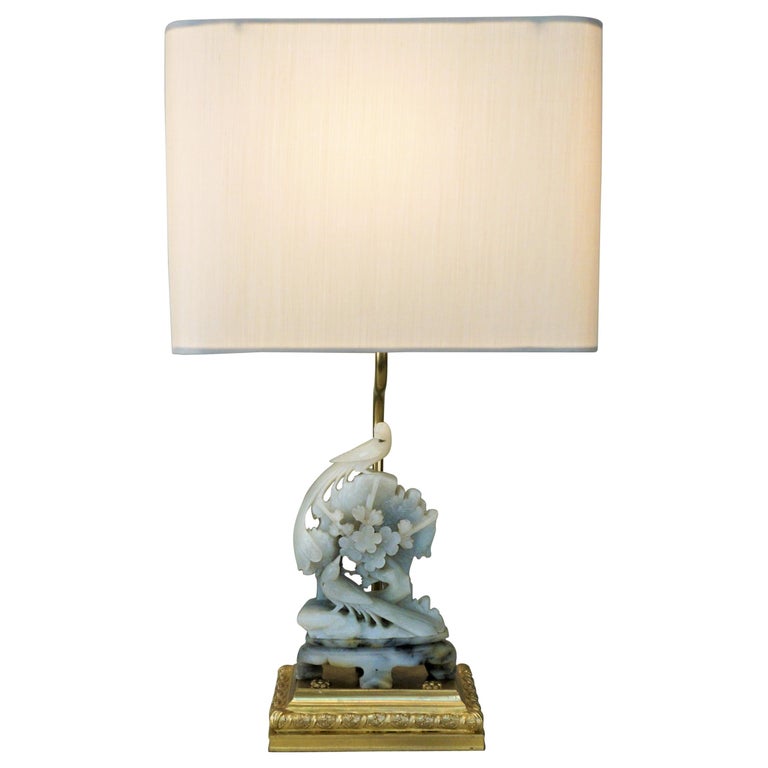 Hand Carved Chinese Soapstone and Bronze Table Lamp at 1stDibs