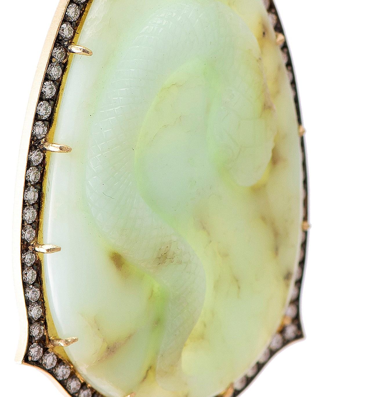 Artist Hand Carved Mint Green Chrysophrase Snake Pendant with Diamonds, 18k Yellow Gold For Sale
