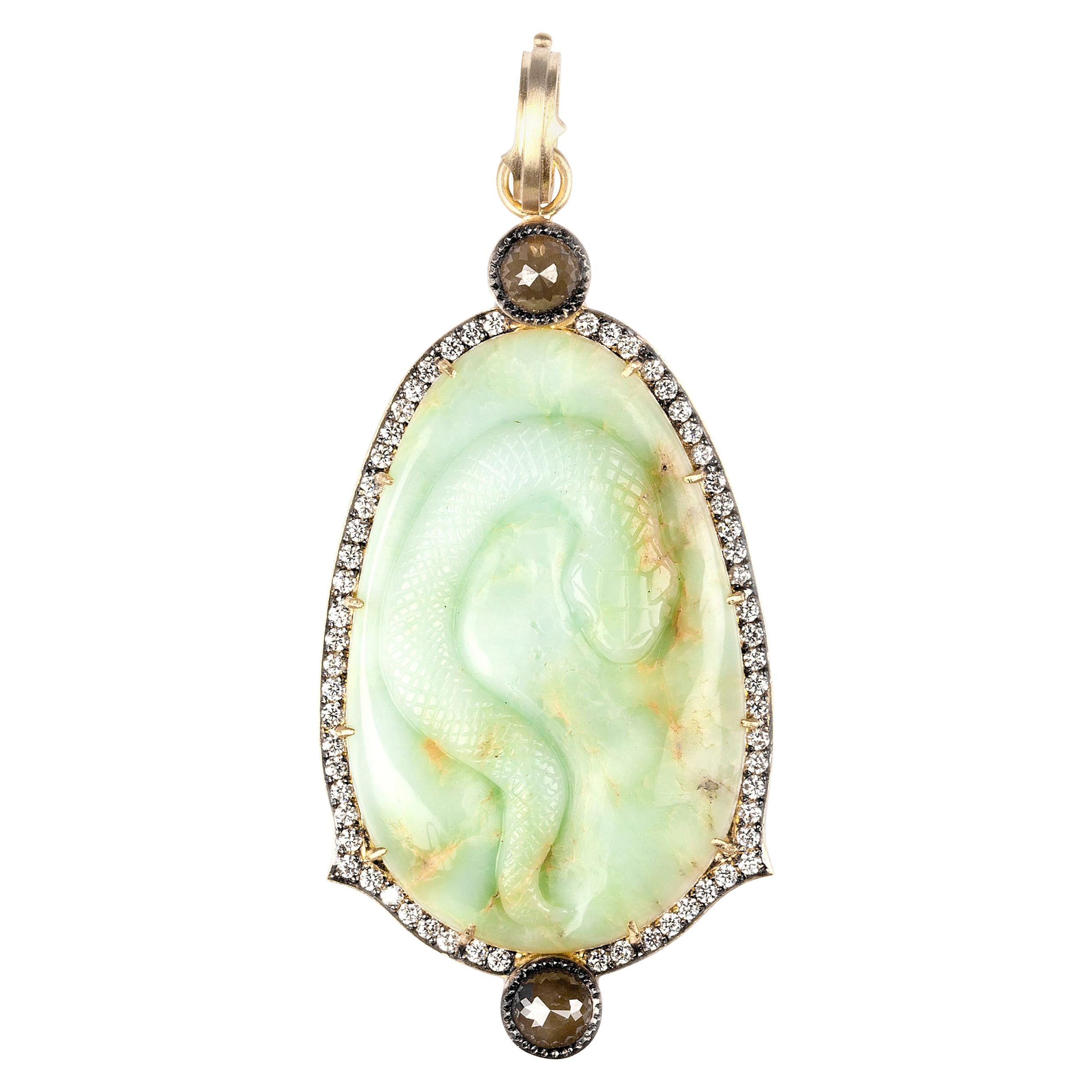 Hand Carved Mint Green Chrysophrase Snake Pendant with Diamonds, 18k Yellow Gold For Sale