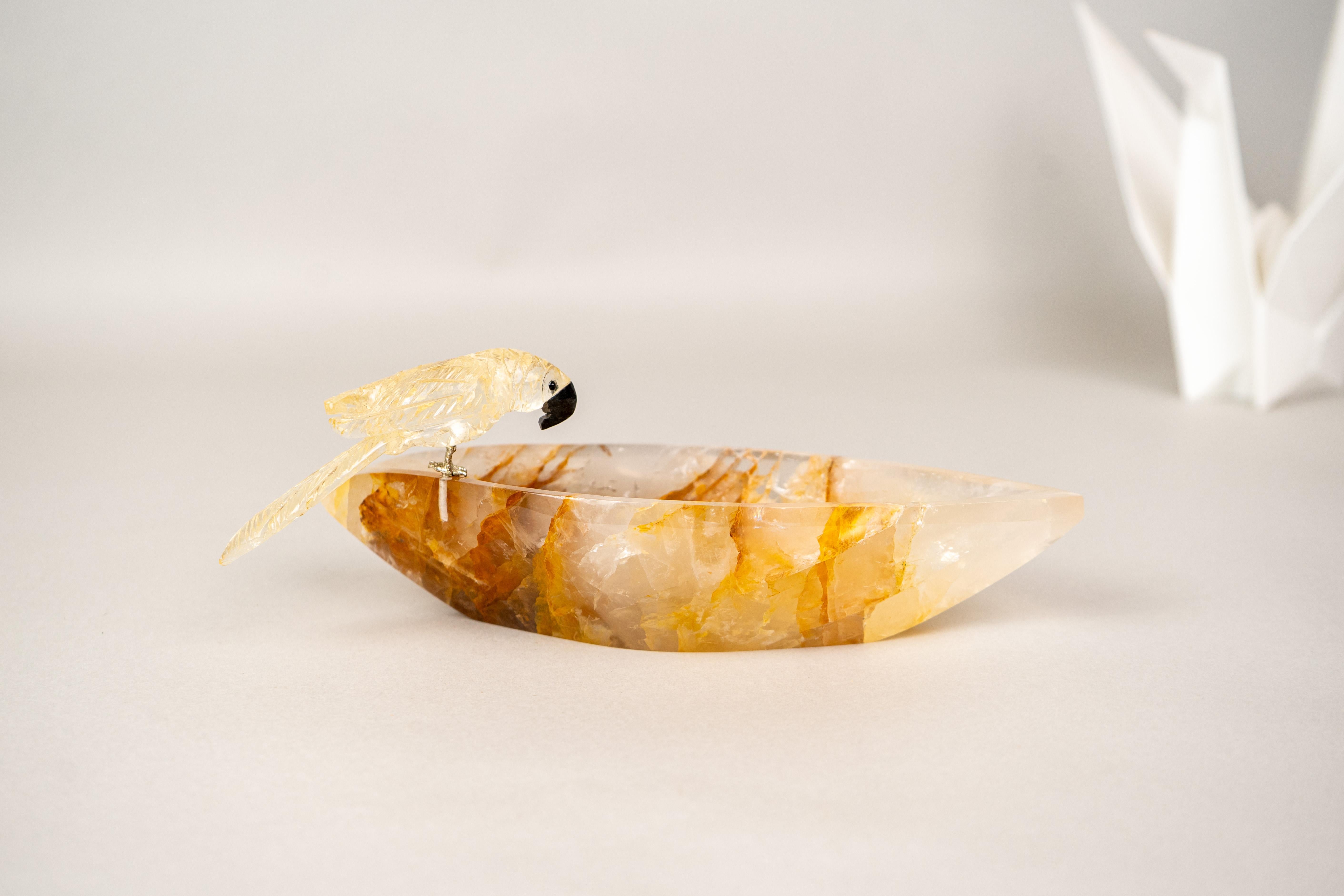 Hand-Carved Citrine Parrot on a Hematite Golden Healer Crystal Bowl For Sale 5
