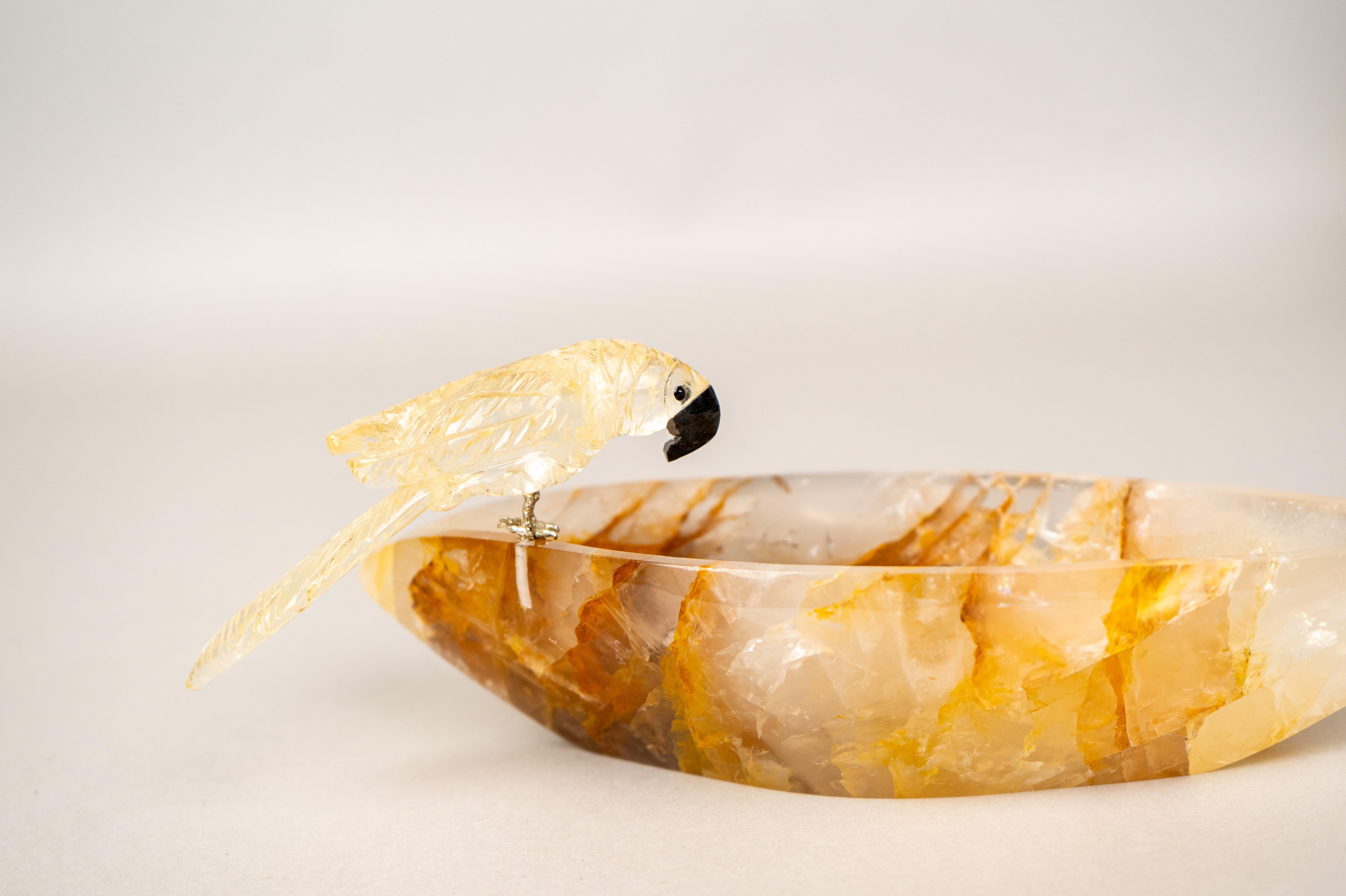 Brazilian Hand-Carved Citrine Parrot on a Hematite Golden Healer Crystal Bowl For Sale