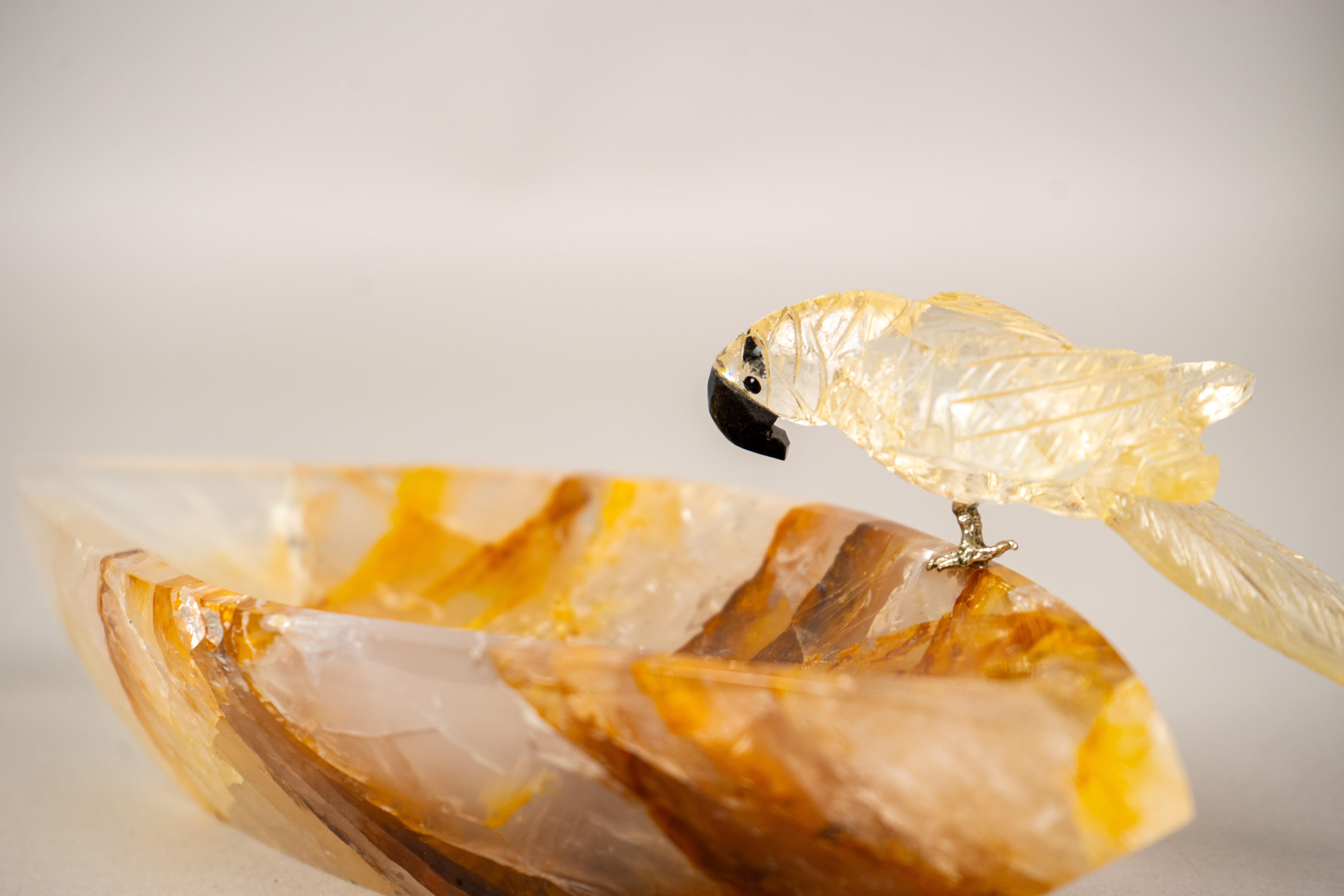 Contemporary Hand-Carved Citrine Parrot on a Hematite Golden Healer Crystal Bowl For Sale