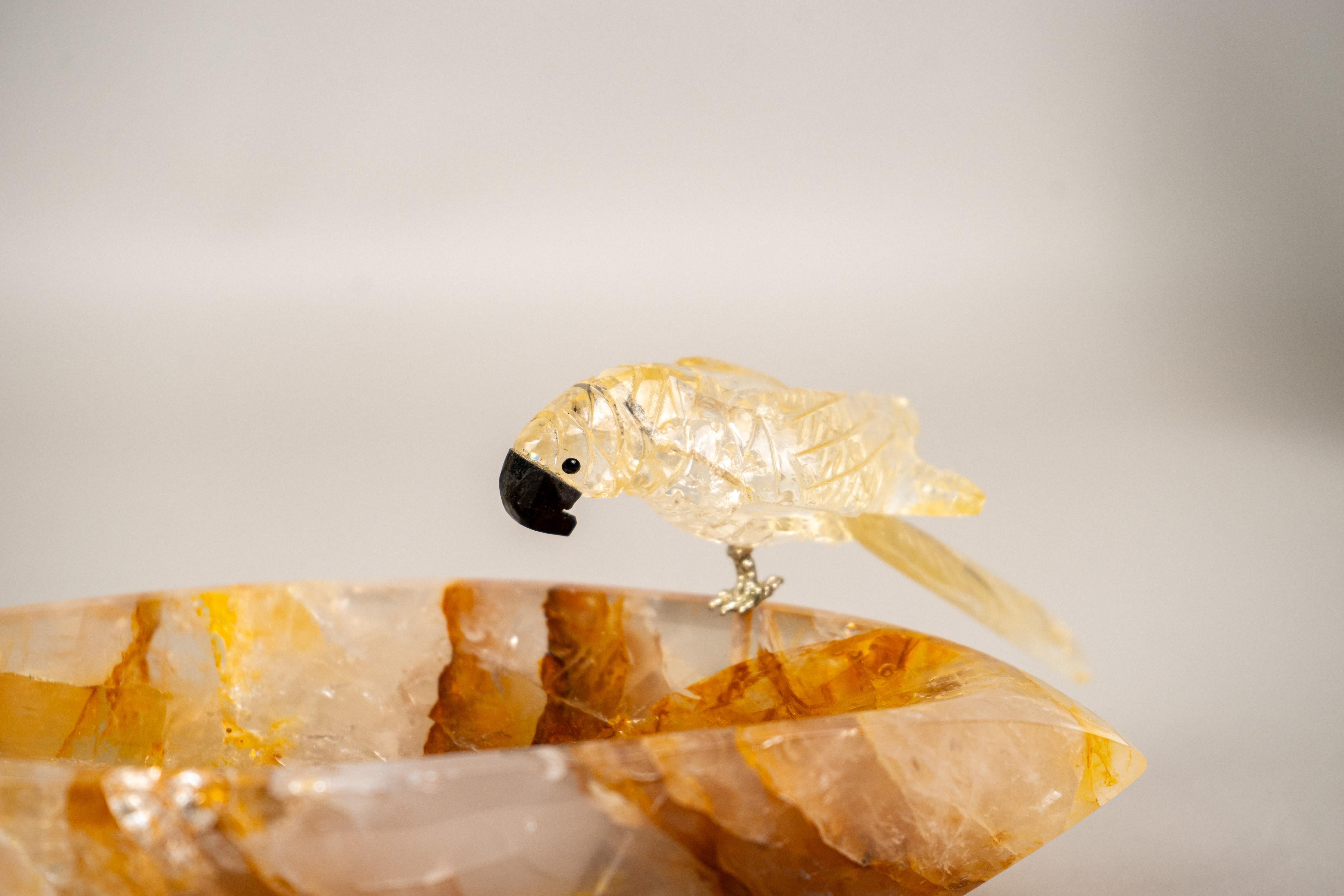 Hand-Carved Citrine Parrot on a Hematite Golden Healer Crystal Bowl For Sale 1