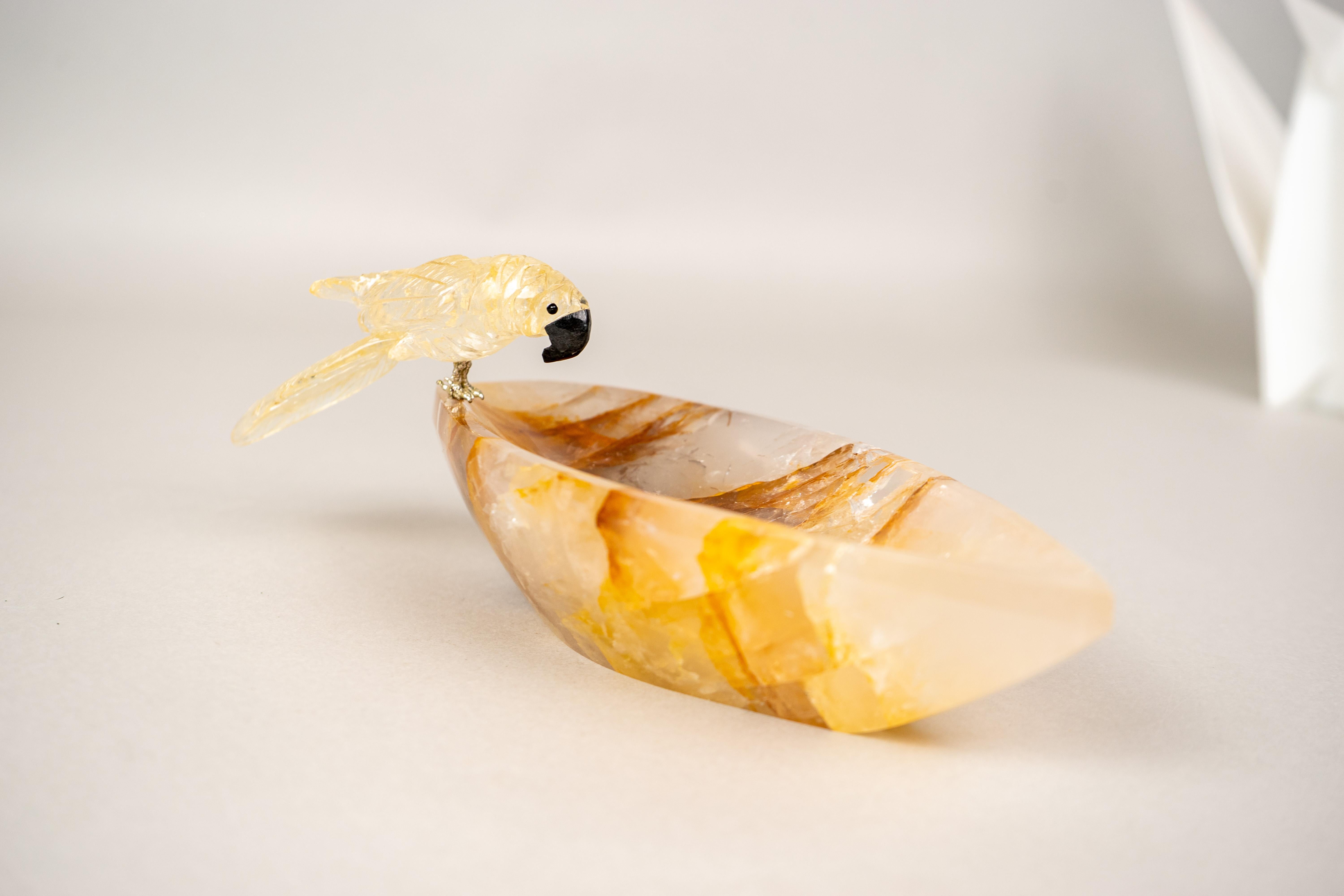 Hand-Carved Citrine Parrot on a Hematite Golden Healer Crystal Bowl For Sale 2