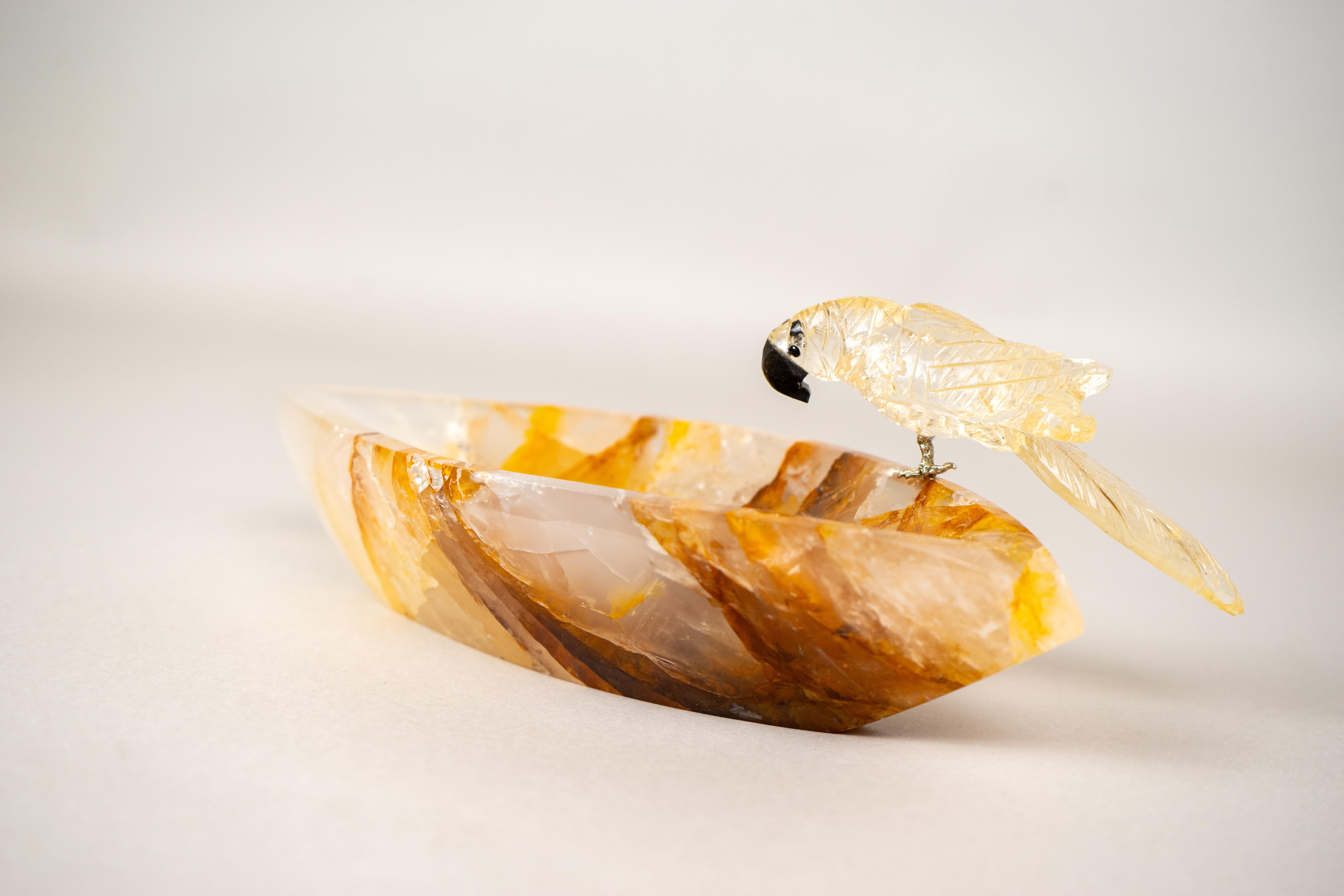 Hand-Carved Citrine Parrot on a Hematite Golden Healer Crystal Bowl For Sale 3