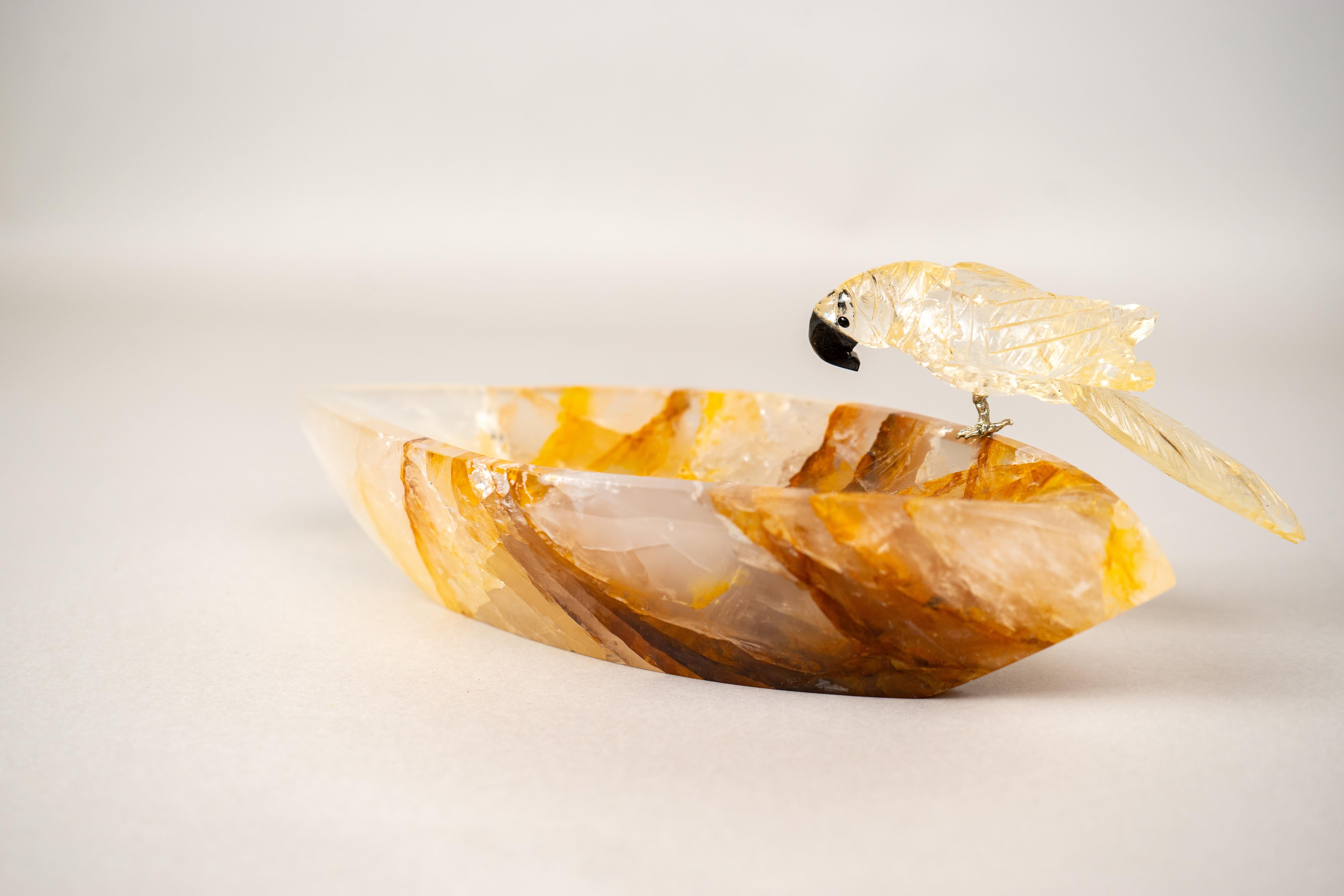 Hand-Carved Citrine Parrot on a Hematite Golden Healer Crystal Bowl For Sale 4