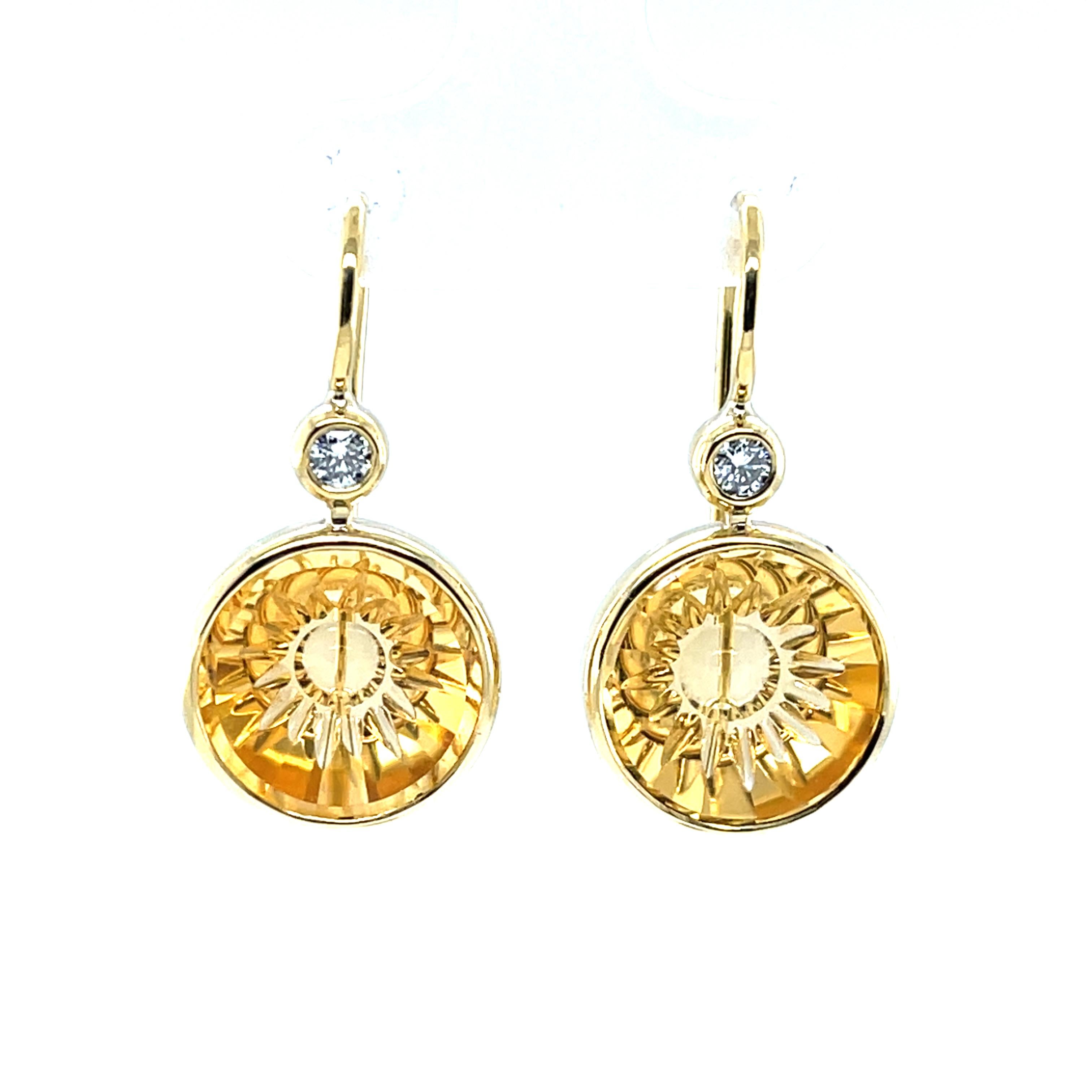 Pendientes Colgantes de Oro Amarillo de 18k con Citrino Tallado a Mano y Diamantes Artesano en venta
