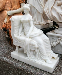 Hand Carved Classical White Marble Lady Sitting on a Chaise Lounge