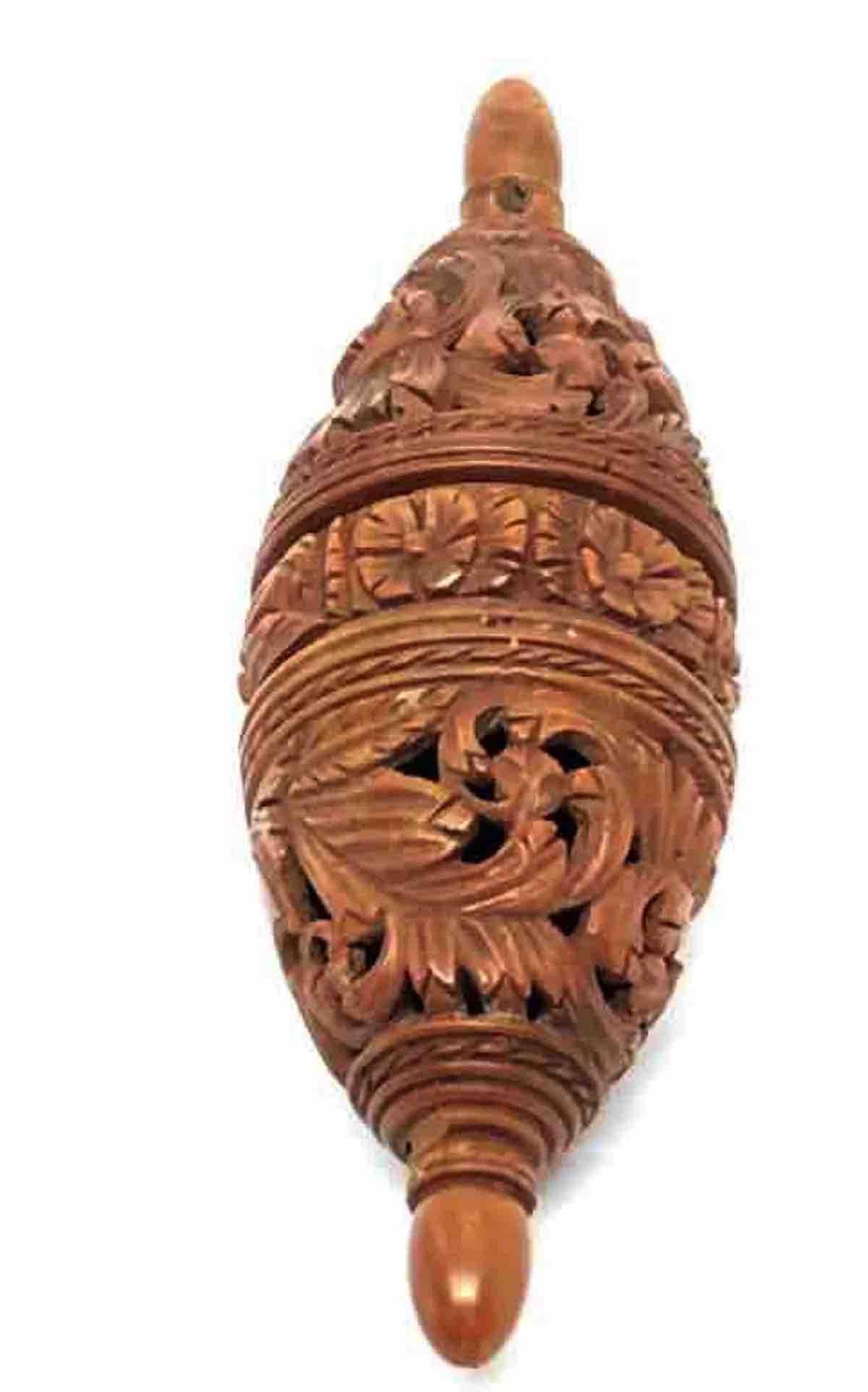 Victorian Hand Carved Coquille Nut Egg Box 19th Century Flea Trap Pomander Needle Case