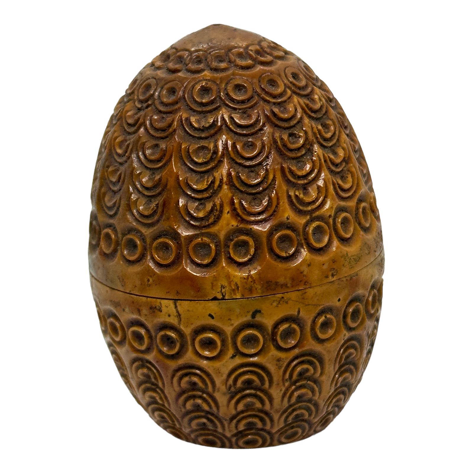 Late 19th Century Hand Carved Coquille Nut Egg Box 19th Century Flea Trap Pomander Needle Case For Sale