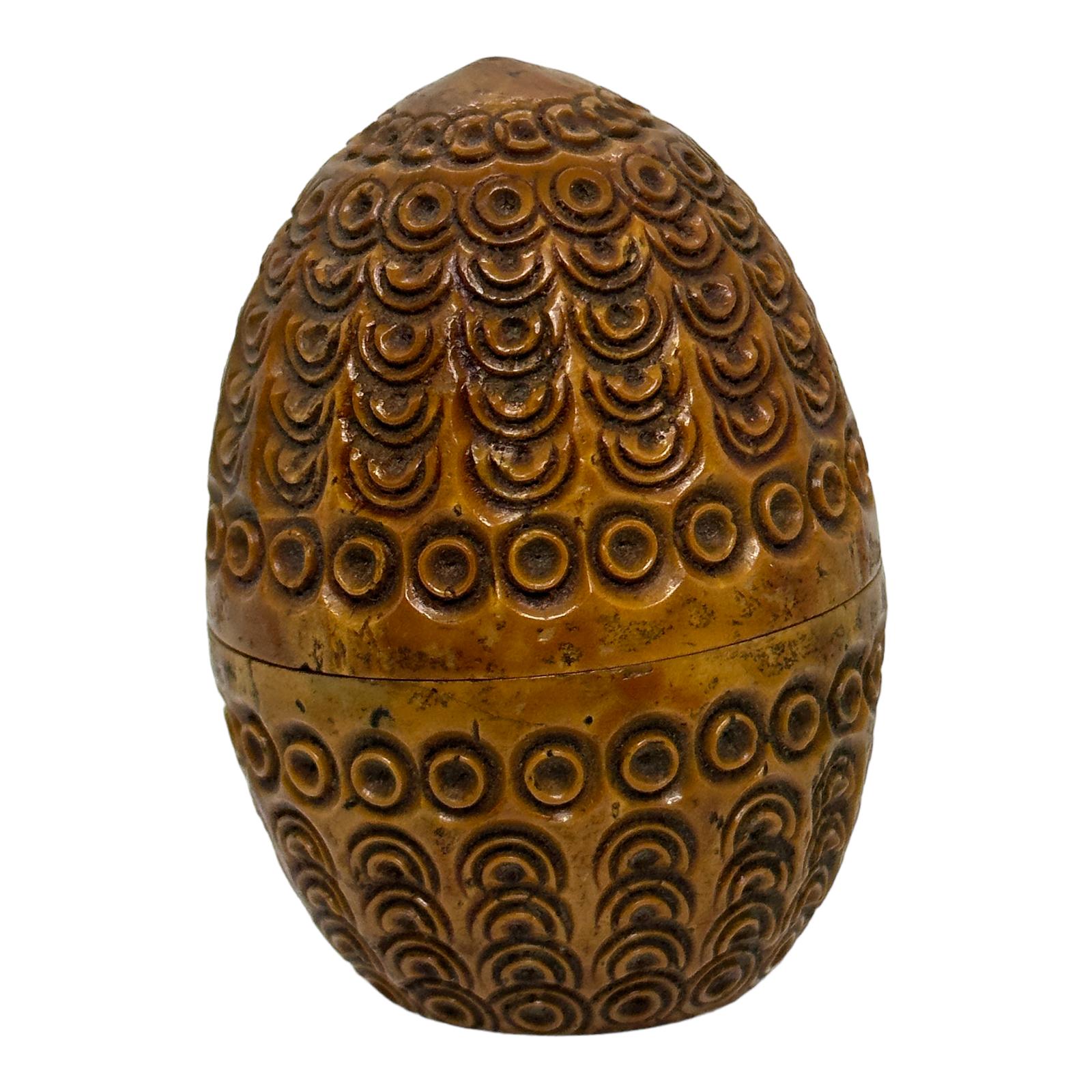 Wood Hand Carved Coquille Nut Egg Box 19th Century Flea Trap Pomander Needle Case For Sale