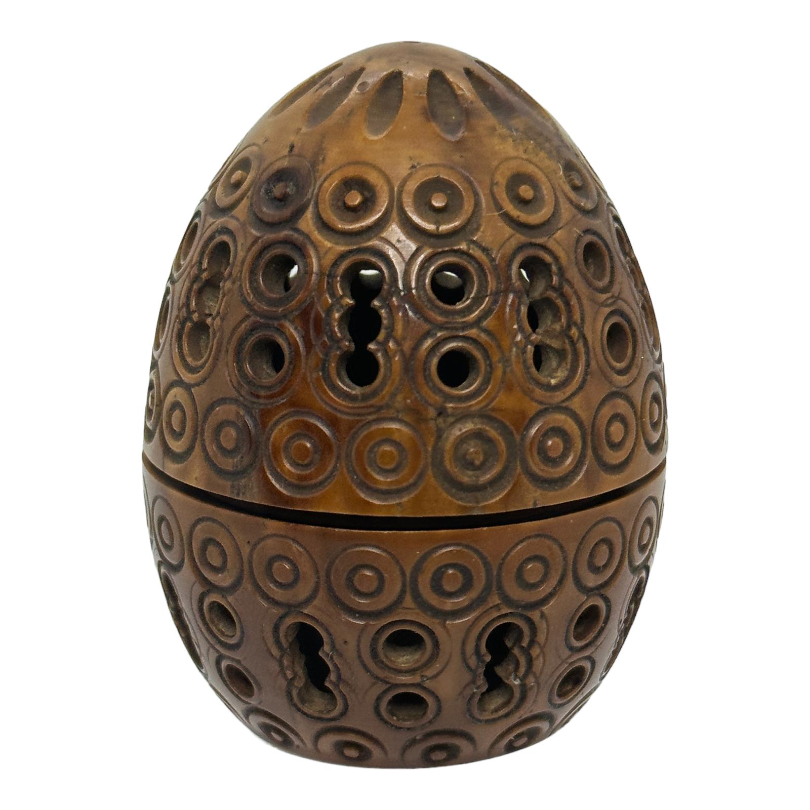 English Hand Carved Coquille Nut Egg Box 19th Century Flea Trap Pomander Needle Case For Sale
