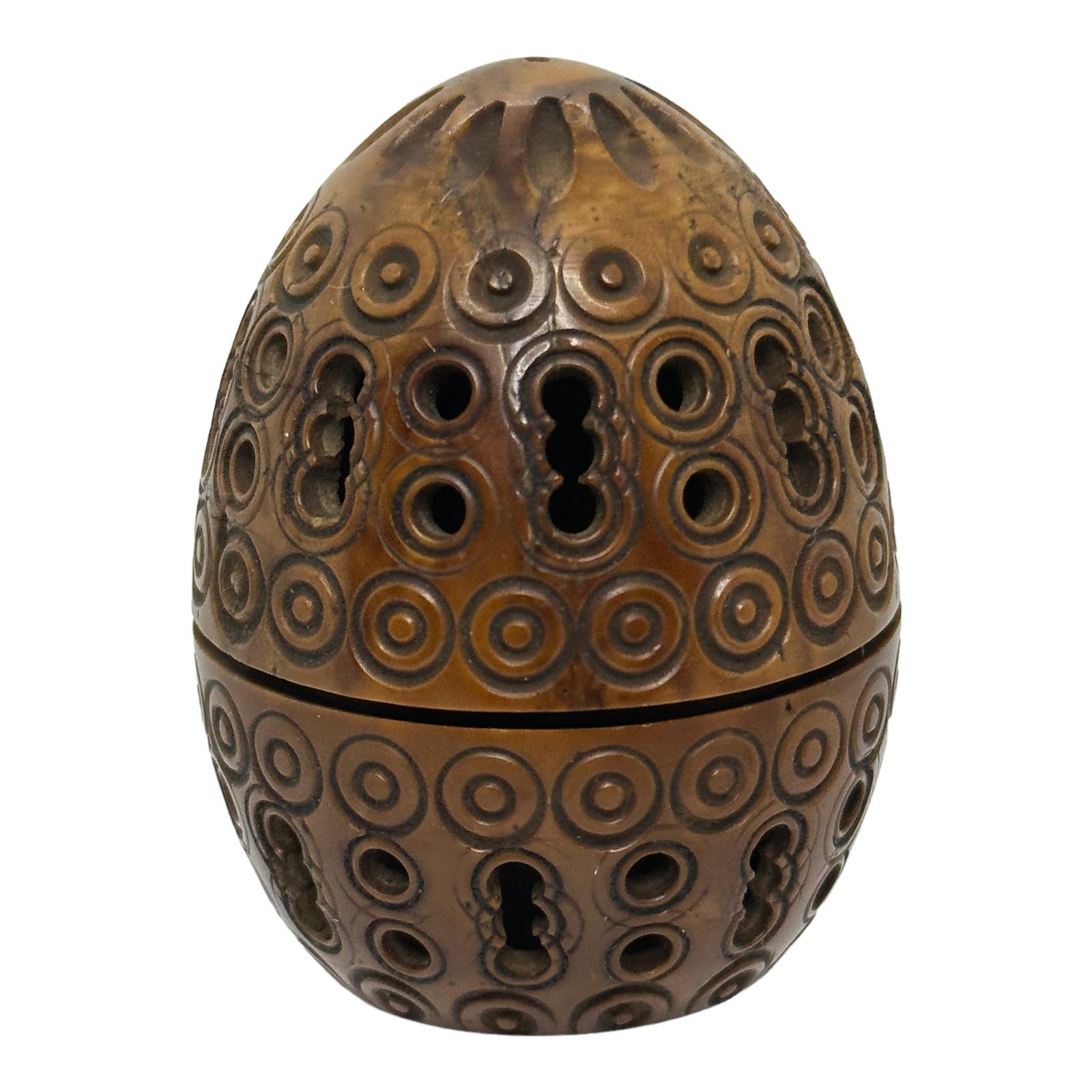 Hand-Carved Hand Carved Coquille Nut Egg Box 19th Century Flea Trap Pomander Needle Case For Sale
