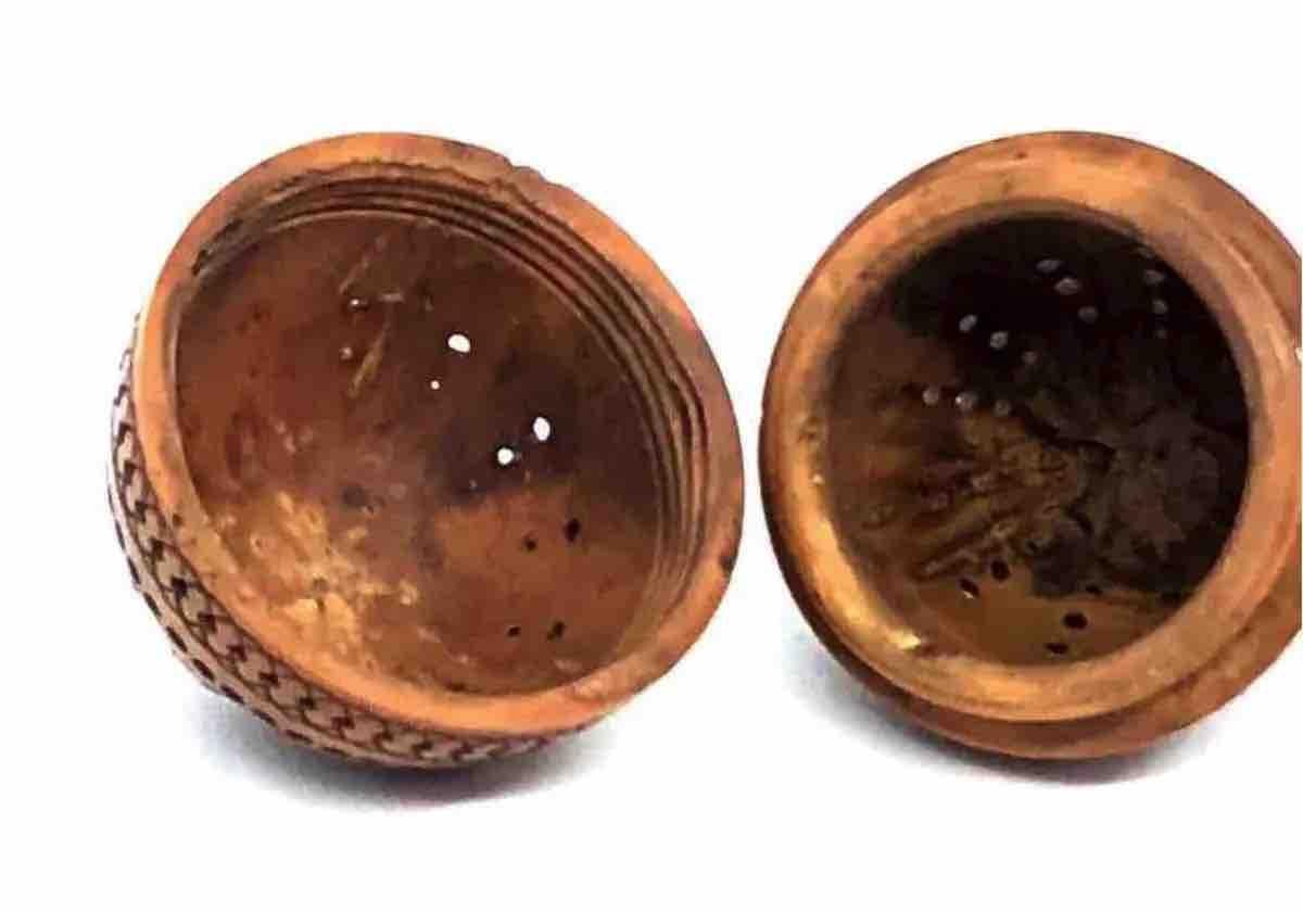 English Hand Carved Coquille Nut Egg Box 19th Century Flea Trap Pomander Needle Case