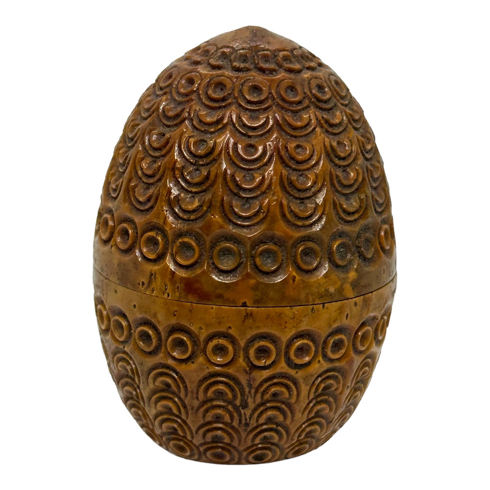 Hand-Carved Hand Carved Coquille Nut Egg Box 19th Century Flea Trap Pomander Needle Case For Sale