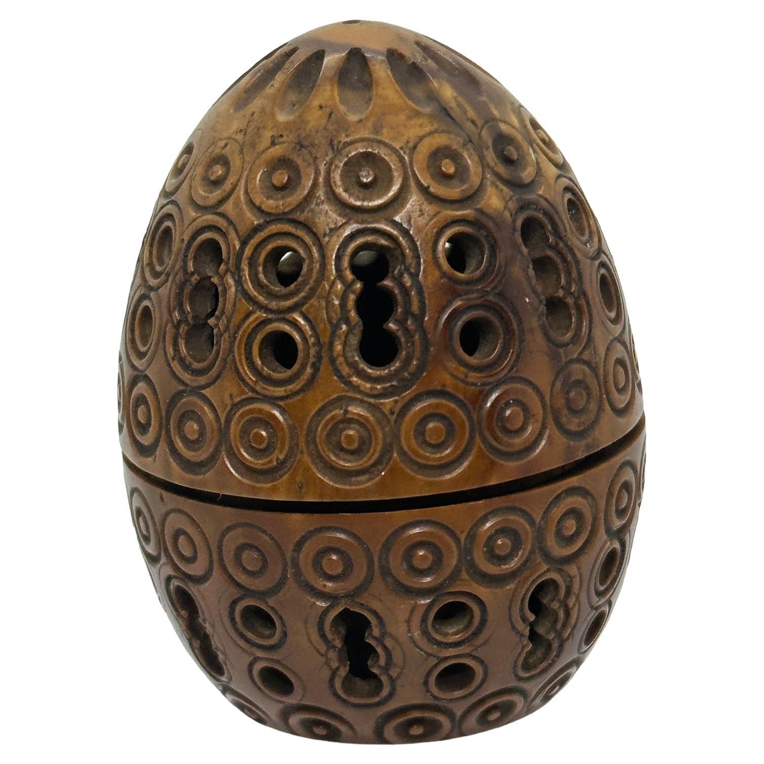 Hand Carved Coquille Nut Egg Box 19th Century Flea Trap Pomander Needle Case For Sale
