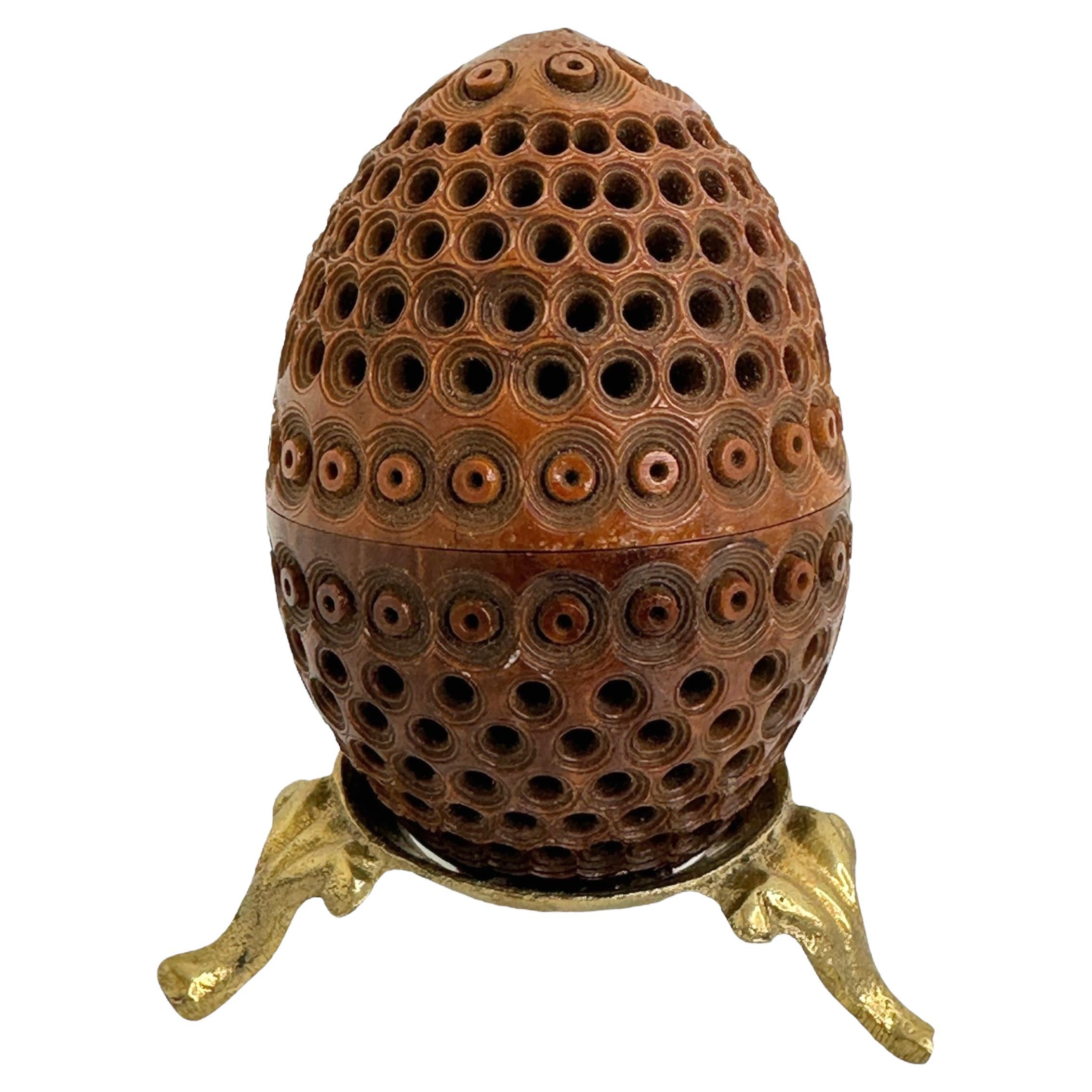 Hand Carved Coquille Nut Egg Box 19th Century Flea Trap Pomander Needle Case