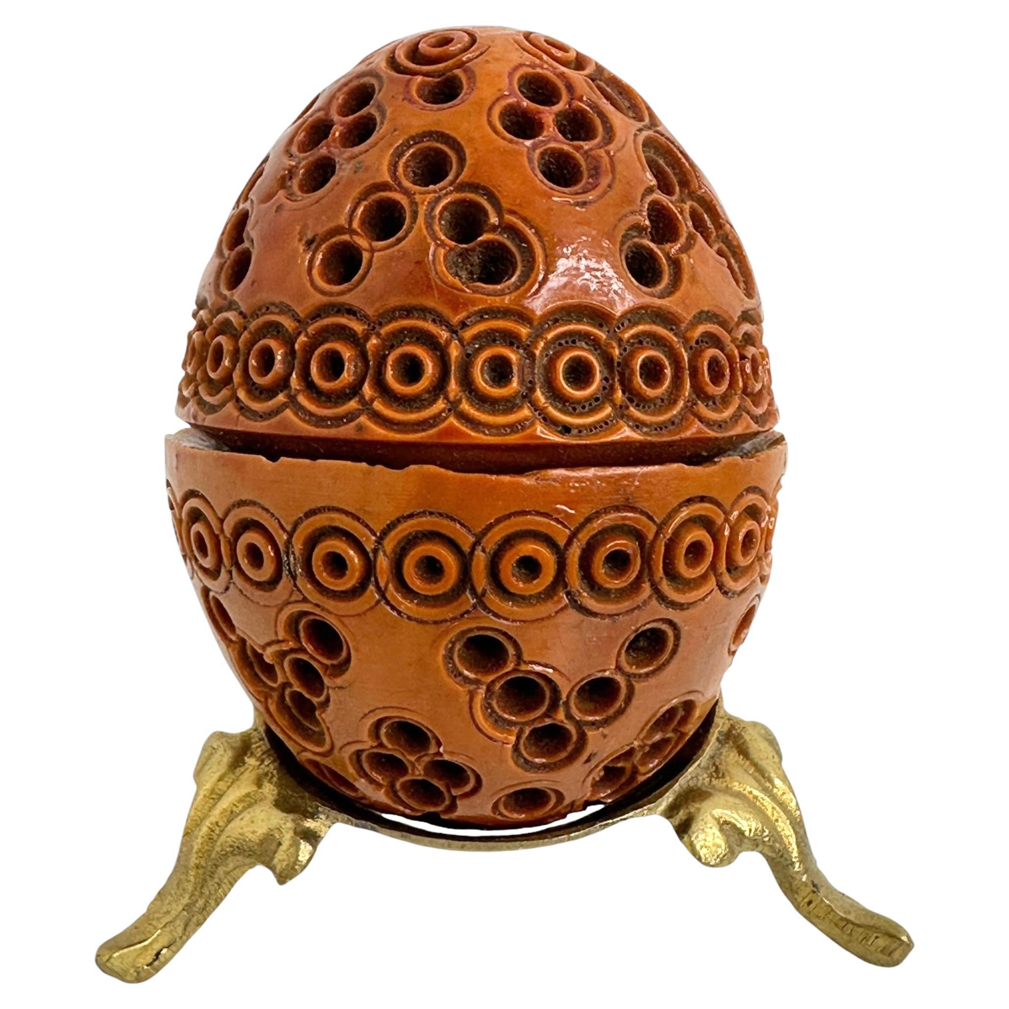 Hand Carved Coquille Nut Egg Box 19th Century Flea Trap Pomander Needle Case