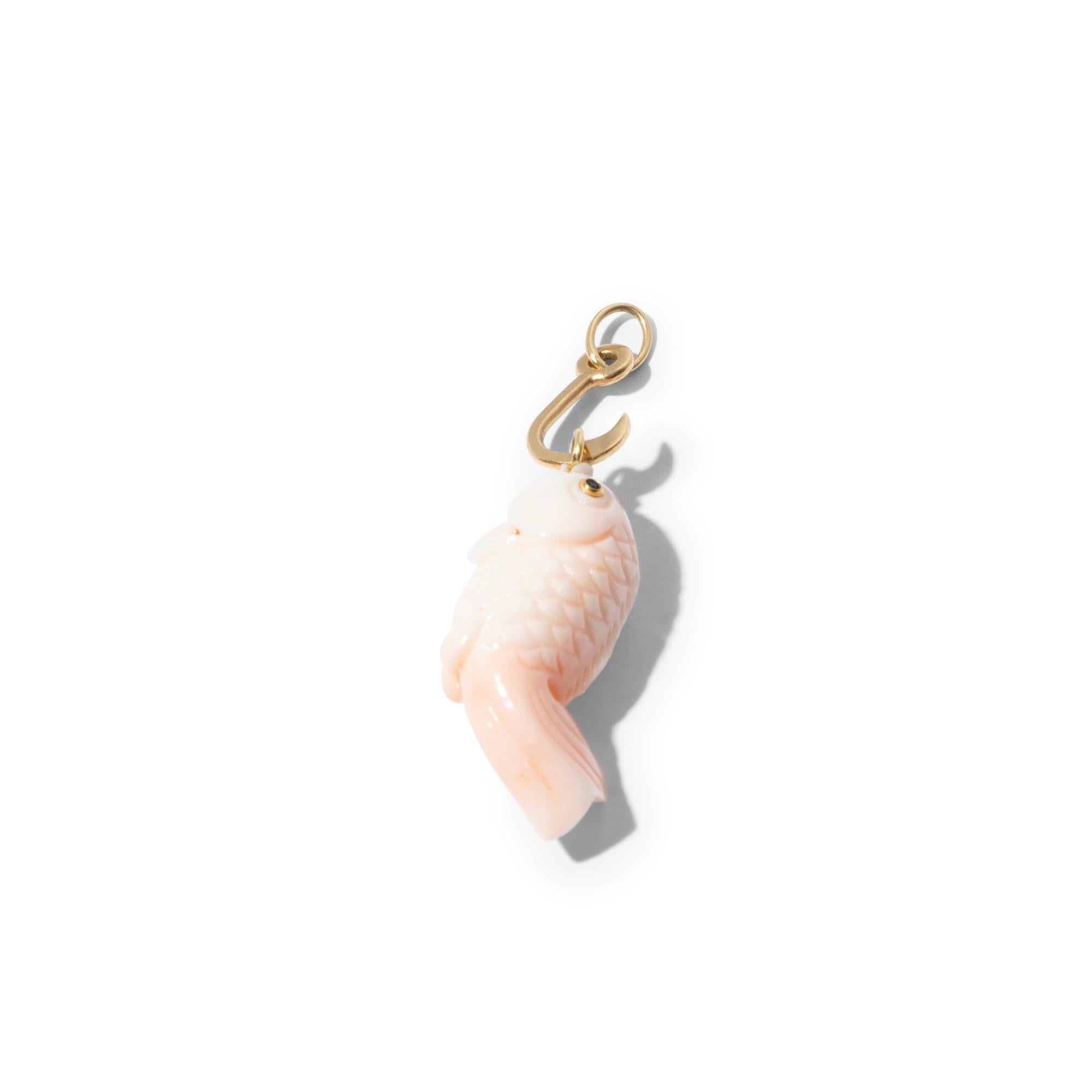 Artisan  Hand-Carved Coral Fish Pendant on 18K Yellow Gold Hook For Sale