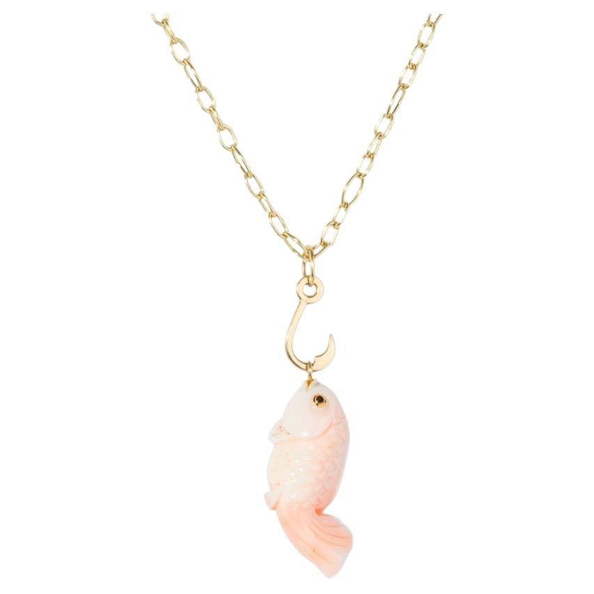  Hand-Carved Coral Fish Pendant on 18K Yellow Gold Hook For Sale
